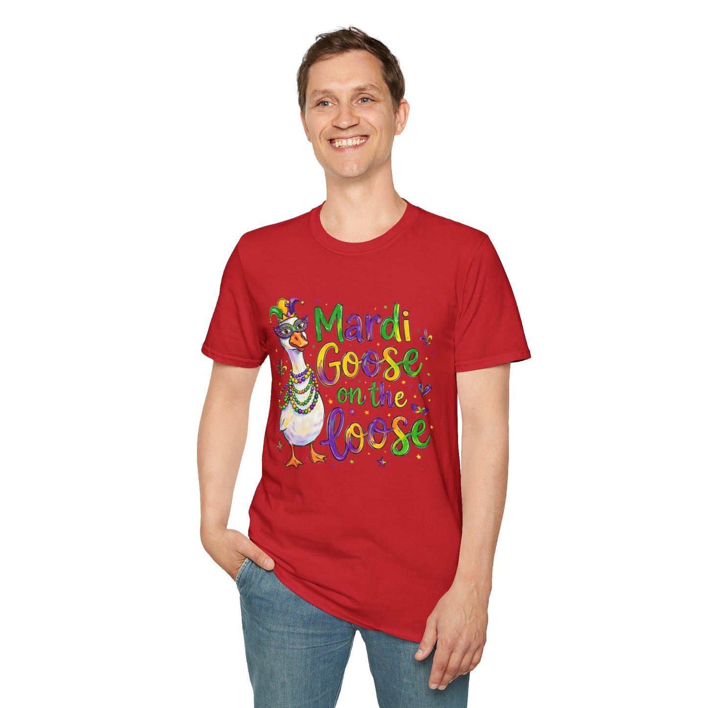 Mardi Goose on the Loose Shirt – Funny Mardi Gras Goose T-Shirt, Polyamory ENM Non-Monogamy Carnival Tee, Unisex Gildan 64000