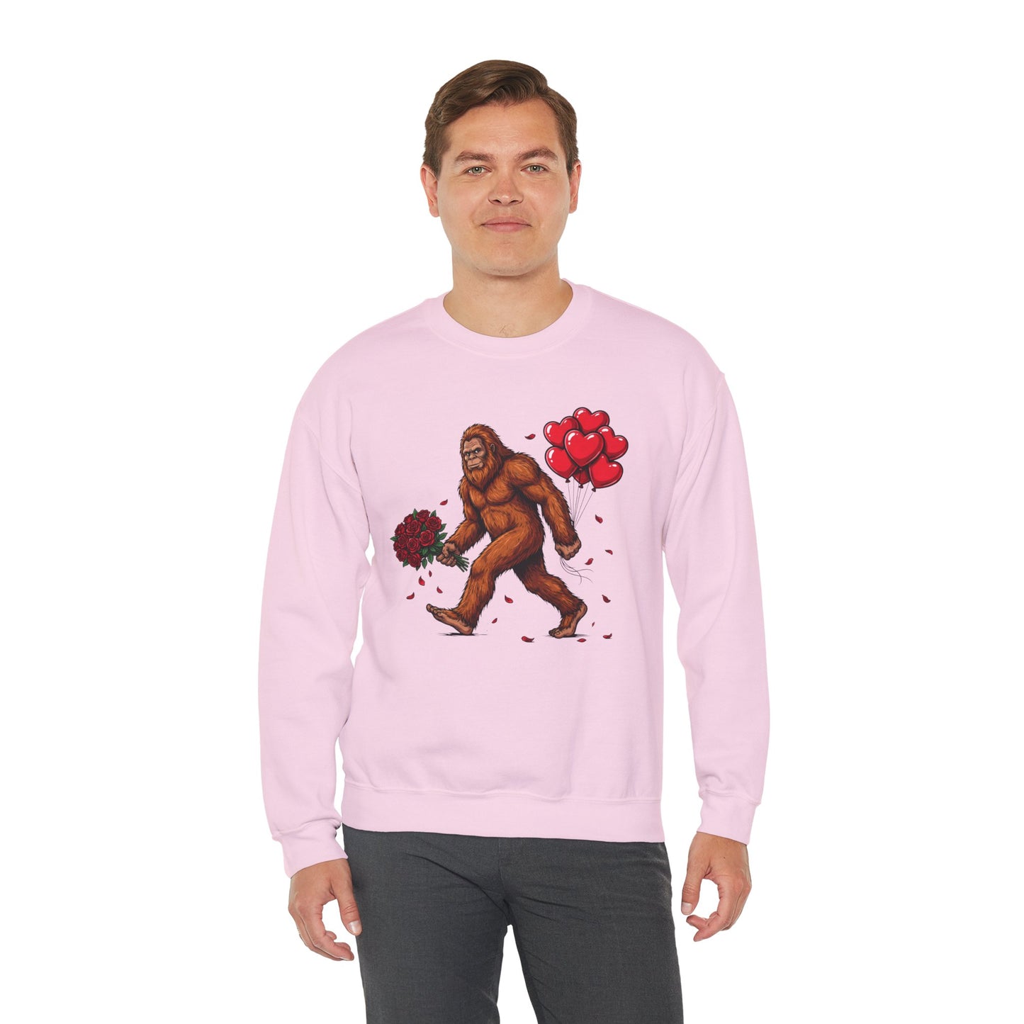 Bigfoot with Flowers Crewneck Sweatshirt | Sasquatch Valentine Pullover | Whimsical Cryptid Love Sweatshirt | Cozy Forest Aesthetic Apparel