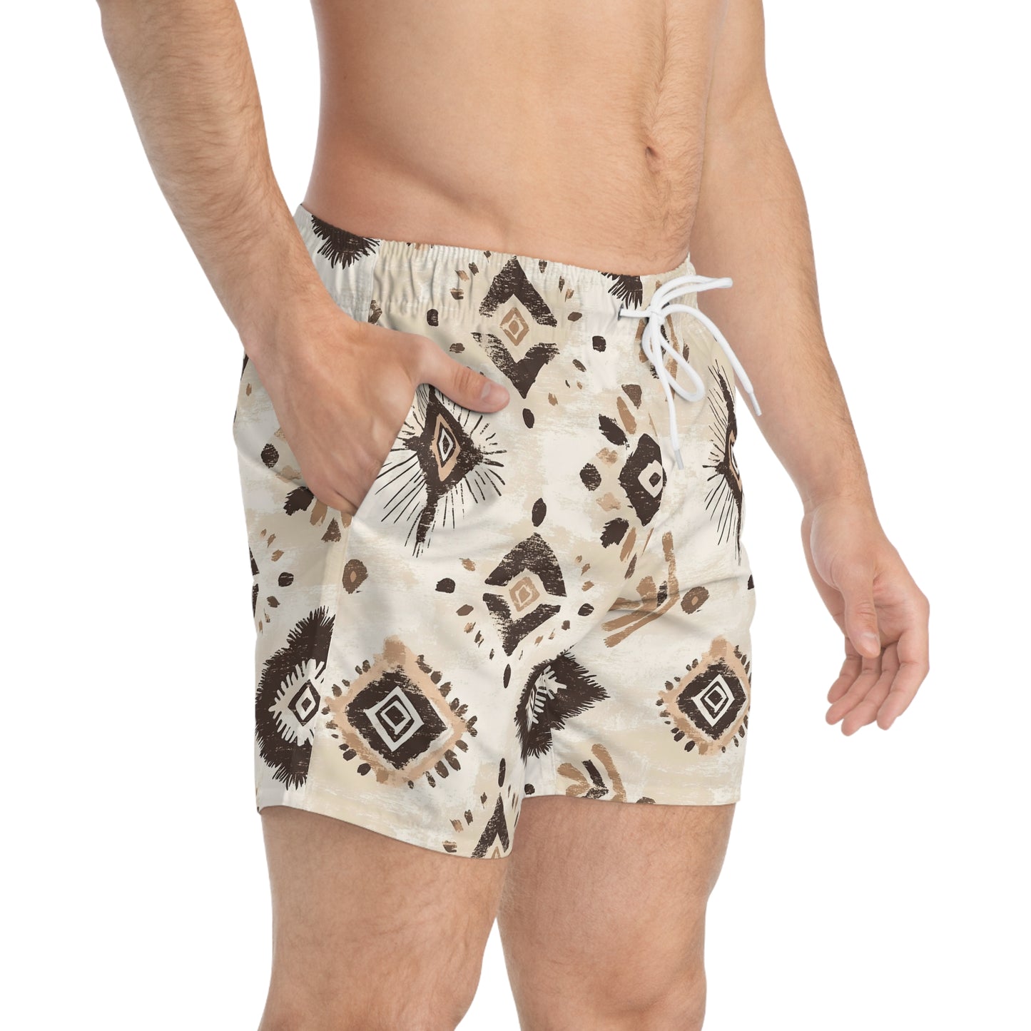 Men’s Boho Abstract Swim Trunks – Neutral Earth Tone Boardshorts | Modern Minimalist Swimwear | Fast-Dry Men’s Swim Shorts