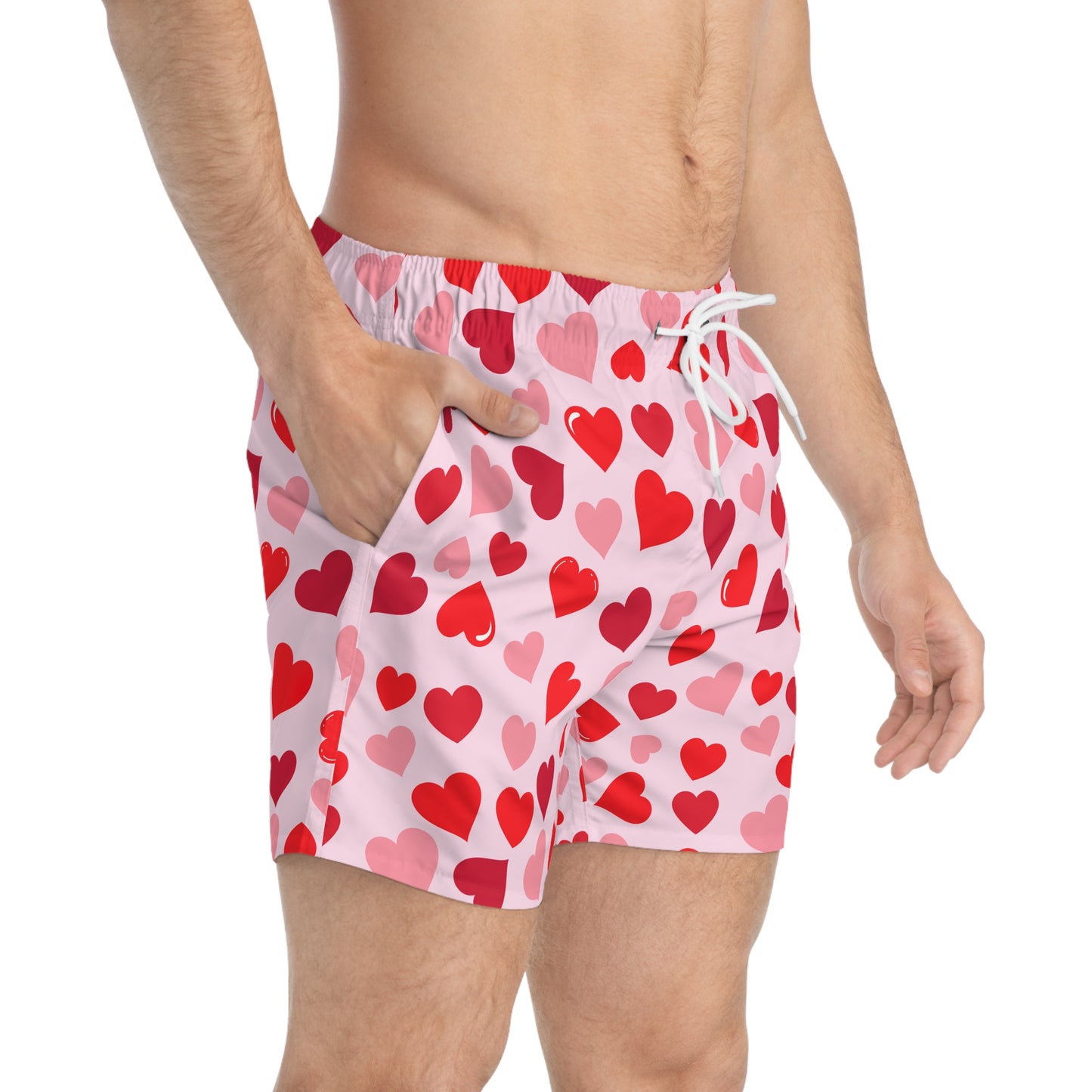 Pink Men’s Valentine’s Heart Swim Trunks – Red Heart Print Board Shorts, Polyamory & ENM Friendly Swimwear, Fast-Dry Summer Shorts
