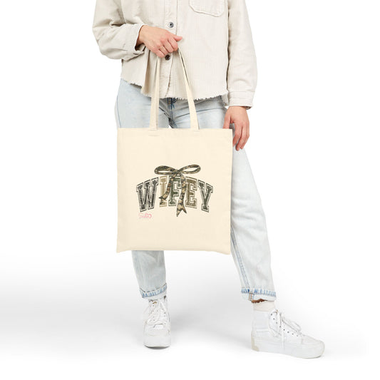 Wifey Canvas Tote Bag – Minimalist Bow Typography Tote | Everyday Carry, Gift for Spouses, Cute Neutral Aesthetic Bag