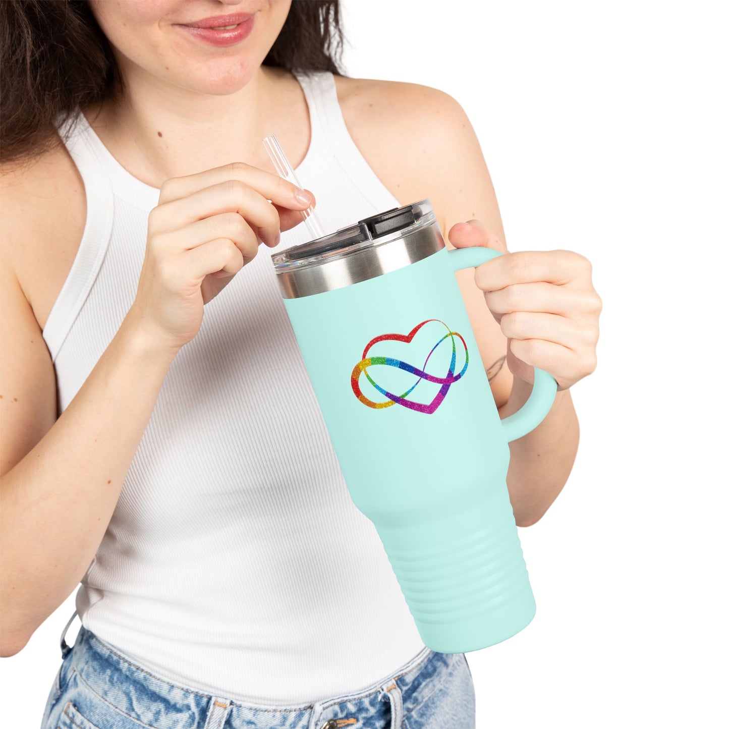 40oz Insulated Travel Mug – Rainbow Heart Infinity Logo, Double-Wall Stainless Tumbler