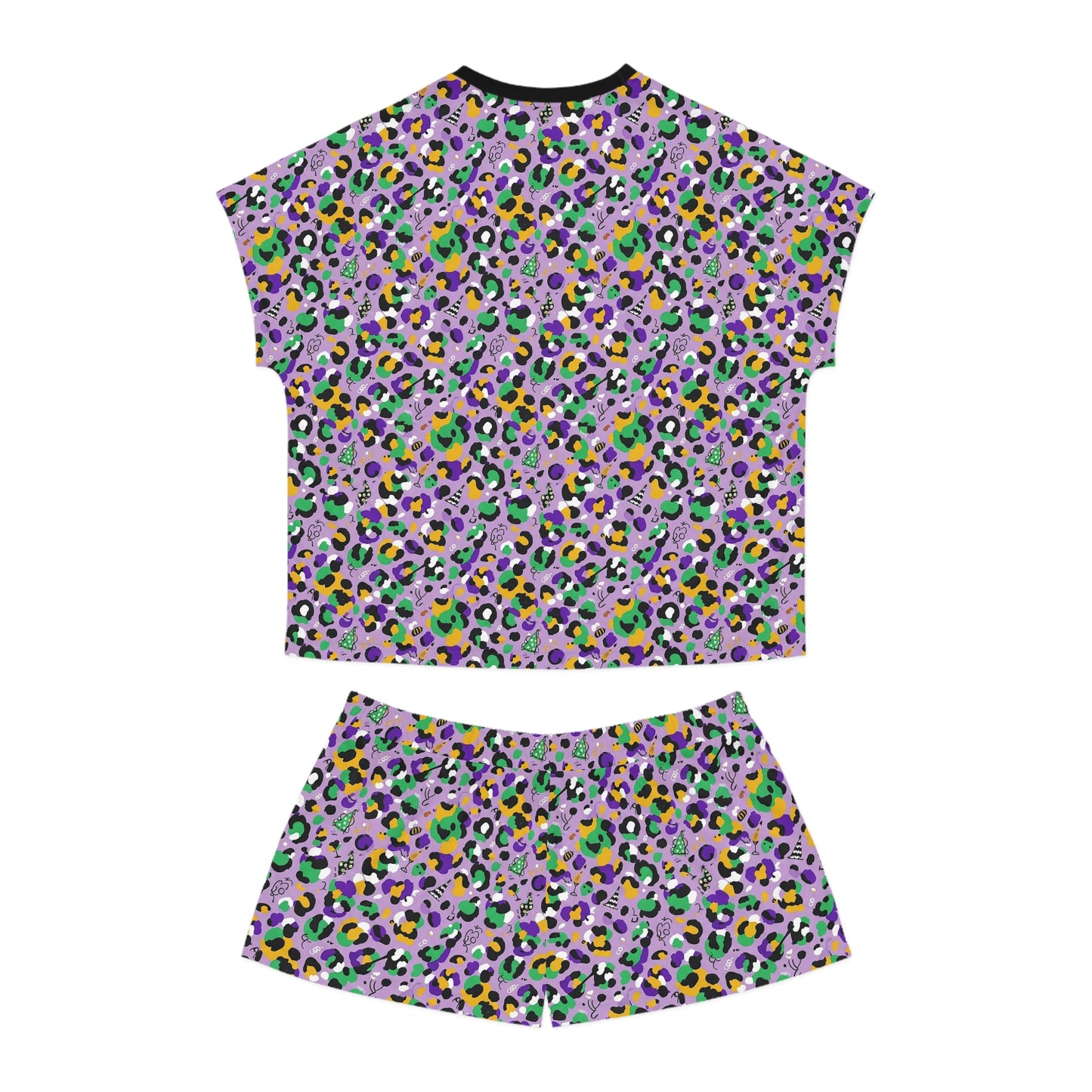 Mardi Gras Leopard Print Pajama Set – Animal Print Short Sleeve Sleepwear, Polyamory Friendly ENM Lounge Set, Bold Festival Pajamas