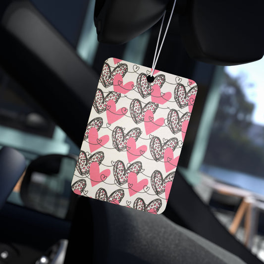 Heart Aesthetic Car Air Freshener – Pink & Black Doodle Love Hanging Diffuser | Pine, New Car & Black Ice Scents