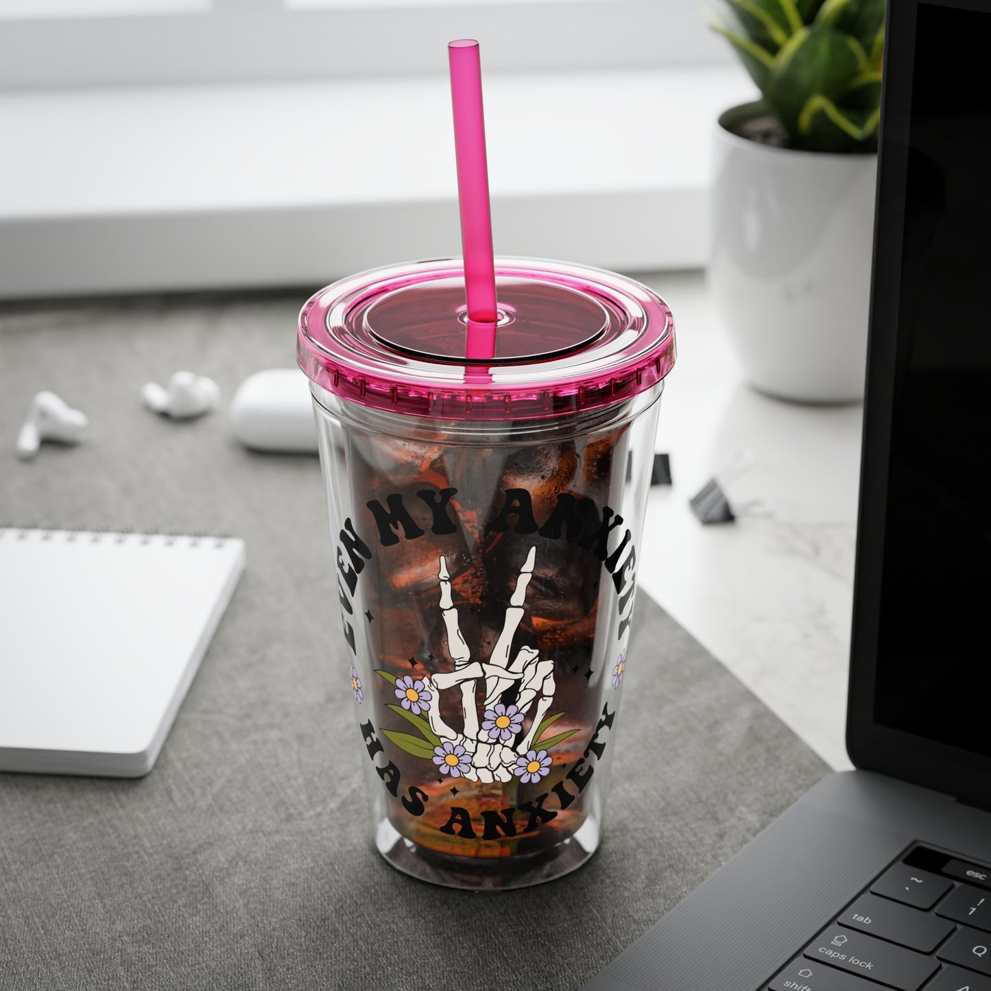 Even My Anxiety Has Anxiety” Skeleton Peace Sign 16oz Sunsplash Tumbler | Dark Humor Mental Health Cup | Goth Aesthetic Drinkware | Spooky Skeleton Cup | Anxiety Humor Gift