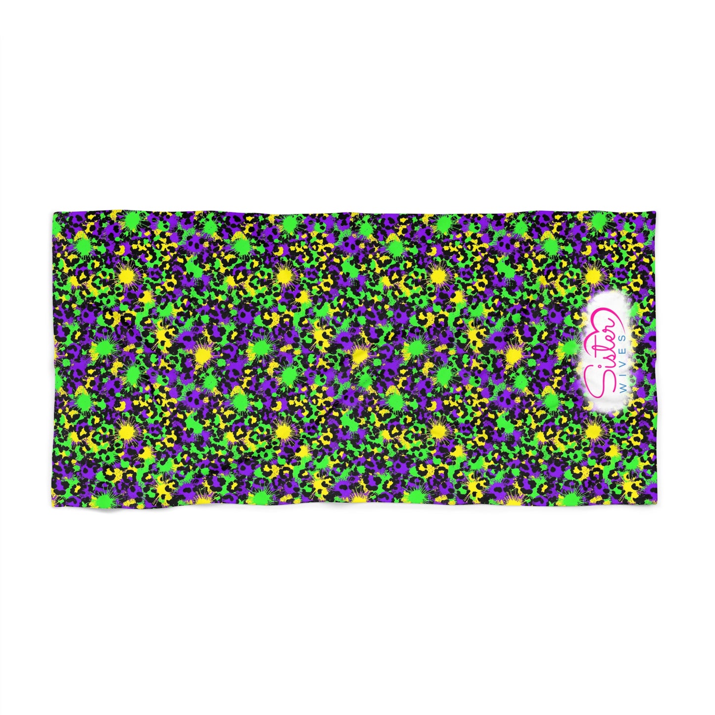 Mardi Gras Cheetah Print Beach Towel | Polyamory ENM Friendly | Matching Couple & Throuple Towel | Festival Cruise Pool & Resort Towel