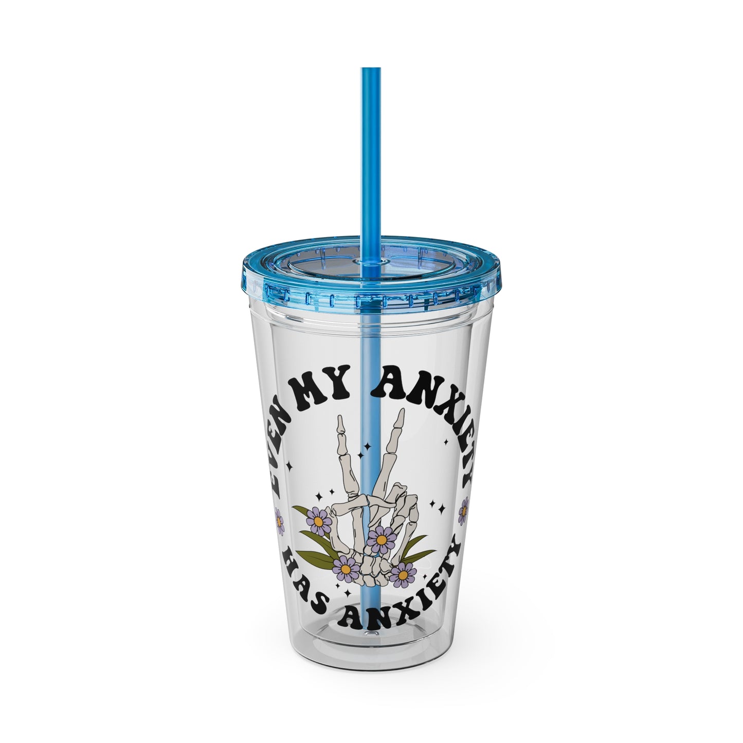Even My Anxiety Has Anxiety” Skeleton Peace Sign 16oz Sunsplash Tumbler | Dark Humor Mental Health Cup | Goth Aesthetic Drinkware | Spooky Skeleton Cup | Anxiety Humor Gift