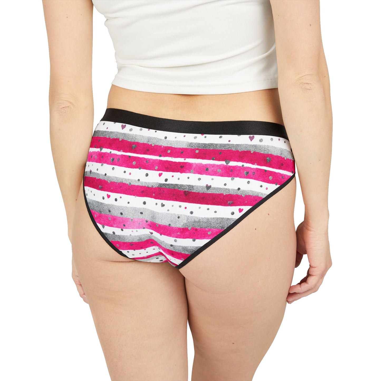 Women’s Valentine’s Heart Stripe Underwear – Pink & Gray Striped Panties, Polyamory & Swinger Friendly Lingerie, ENM Pride, Matching Couples Sets Available