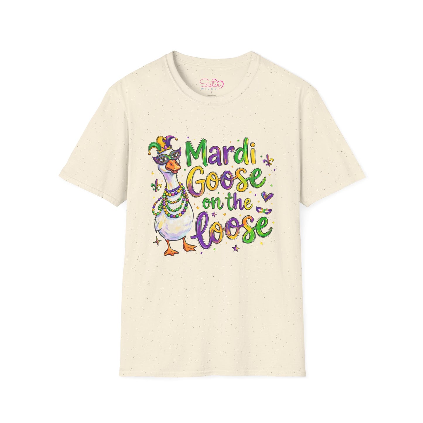 Mardi Goose on the Loose Shirt – Funny Mardi Gras Goose T-Shirt, Polyamory ENM Non-Monogamy Carnival Tee, Unisex Gildan 64000