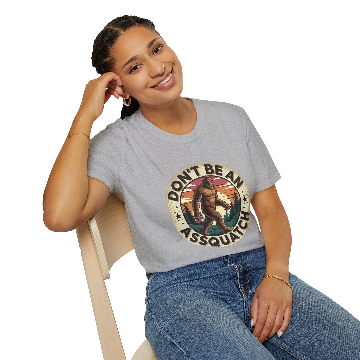 Don’t Be an Assquatch Shirt – Funny Bigfoot Graphic Tee, Sarcastic Sasquatch Shirt, Poly-Friendly ENM Unisex Gildan 64000