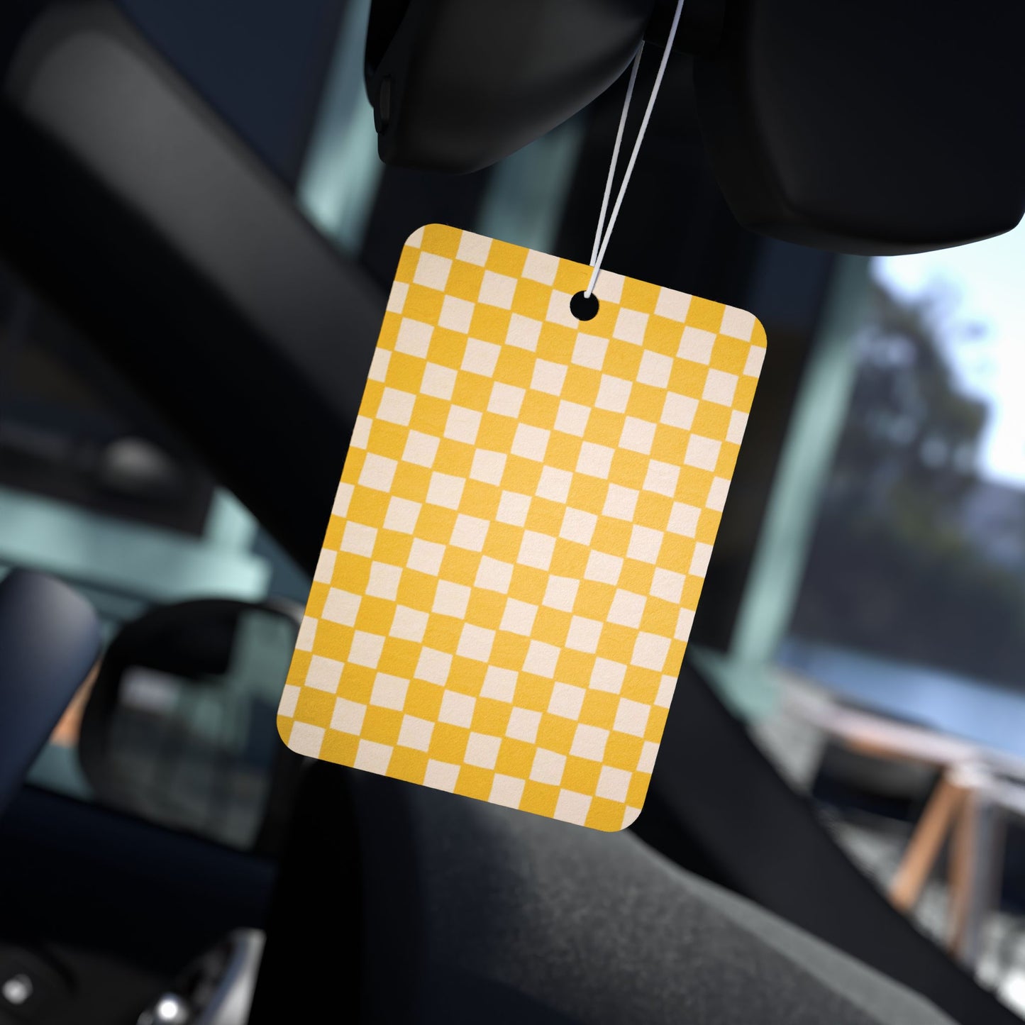 Yellow Checkered Car Air Freshener – Retro Aesthetic Hanging Diffuser | Pine, New Car & Black Ice Scents