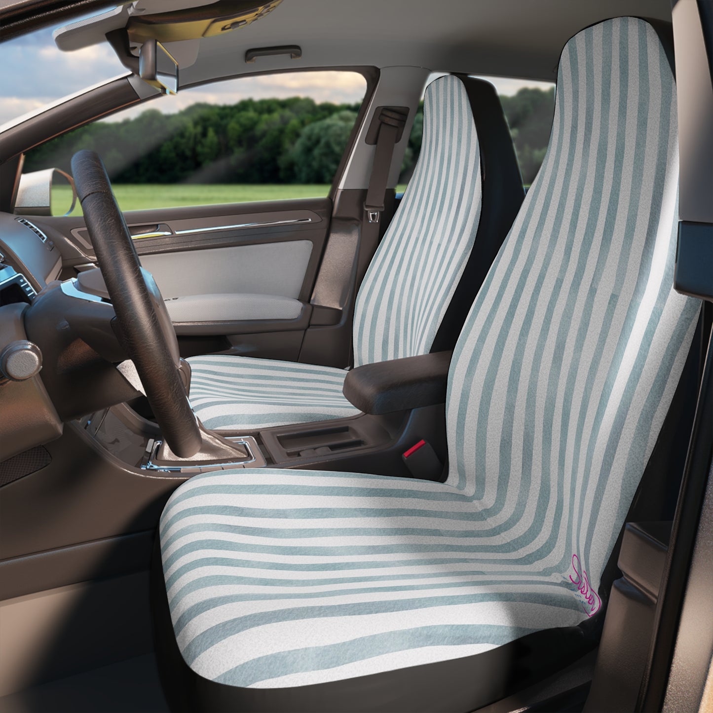 Light Blue Stripe Car Seat Covers – Minimalist Boho Auto Decor | Polyamory & ENM Friendly