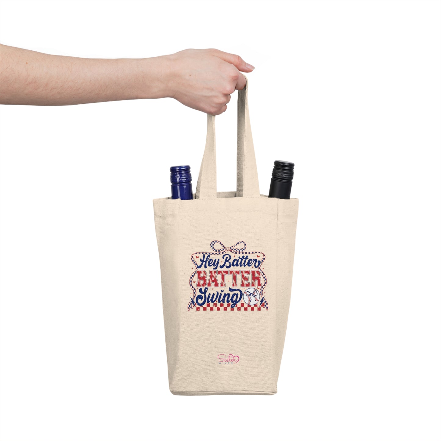 Hey Batter Batter Swing Double Wine Tote – Funny Swinger Wine Bag | ENM Polyamory Date Night Tote | 2 Bottle Canvas Wine Carrier