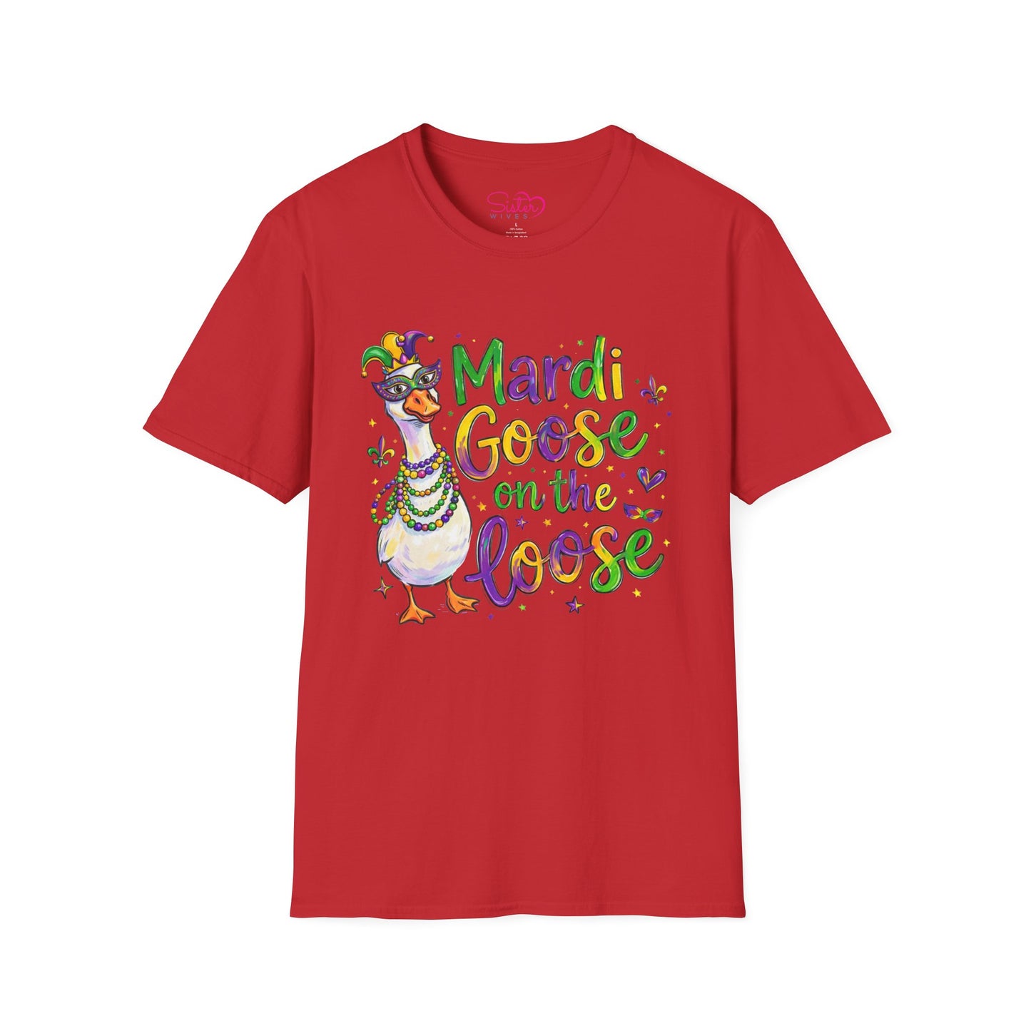 Mardi Goose on the Loose Shirt – Funny Mardi Gras Goose T-Shirt, Polyamory ENM Non-Monogamy Carnival Tee, Unisex Gildan 64000