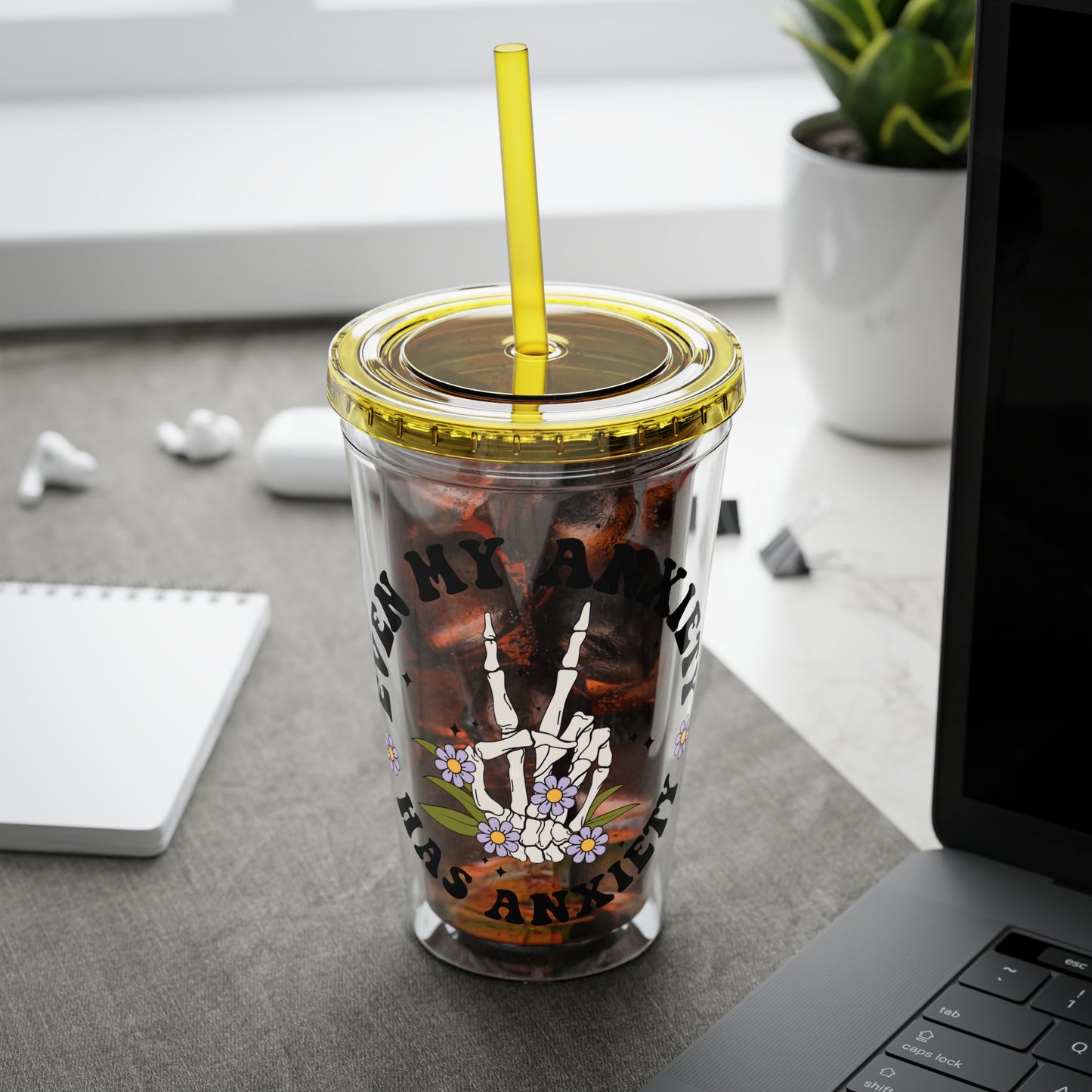 Even My Anxiety Has Anxiety” Skeleton Peace Sign 16oz Sunsplash Tumbler | Dark Humor Mental Health Cup | Goth Aesthetic Drinkware | Spooky Skeleton Cup | Anxiety Humor Gift
