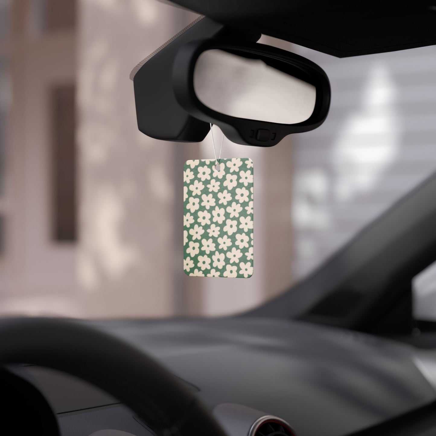 Green Retro Floral Car Air Freshener – Cute Daisy Aesthetic Hanging Diffuser | Pine, New Car & Black Ice Scents