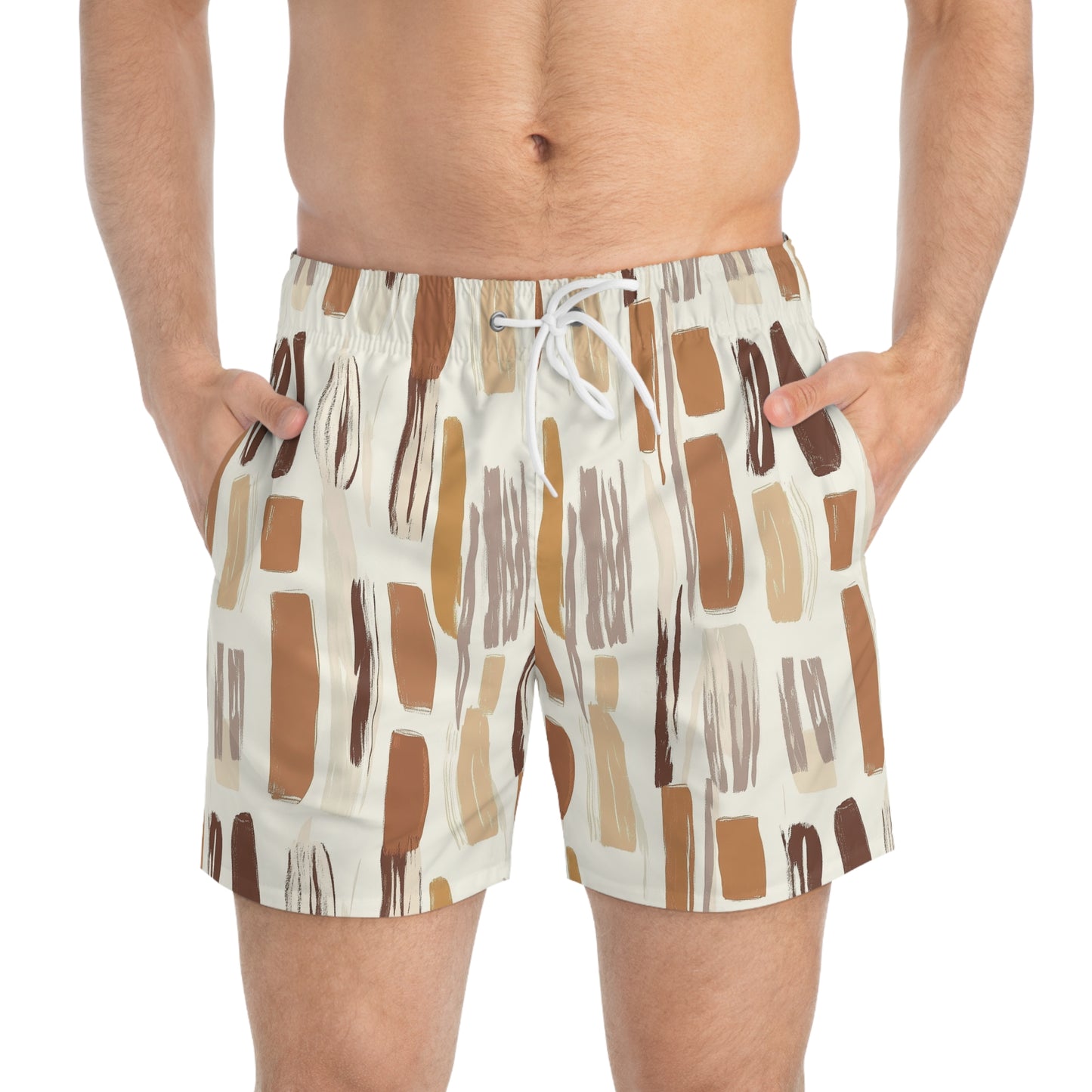 Men’s Boho Abstract Swim Trunks – Neutral Earth Tone Boardshorts | Modern Minimalist Swimwear | Fast-Dry Men’s Swim Shorts