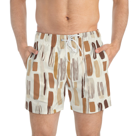 Men’s Boho Abstract Swim Trunks – Neutral Earth Tone Boardshorts | Modern Minimalist Swimwear | Fast-Dry Men’s Swim Shorts