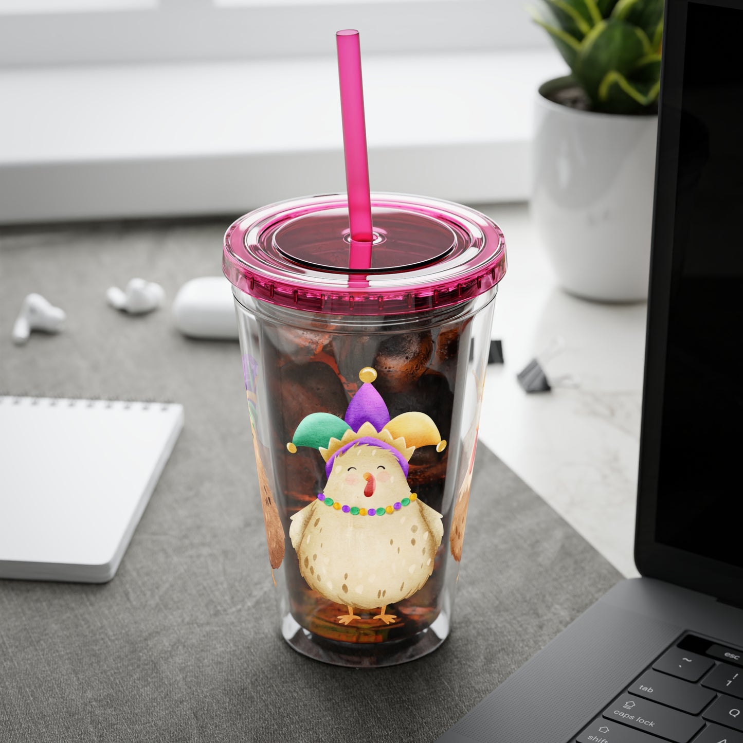 Mardi Gras Chicken 16oz Sunsplash Tumbler | Funny Farm Chicken Drink Cup | Cajun Mardi Gras Drinkware | Colorful Chicken Lover Gift | Farmhouse Humor Tumbler