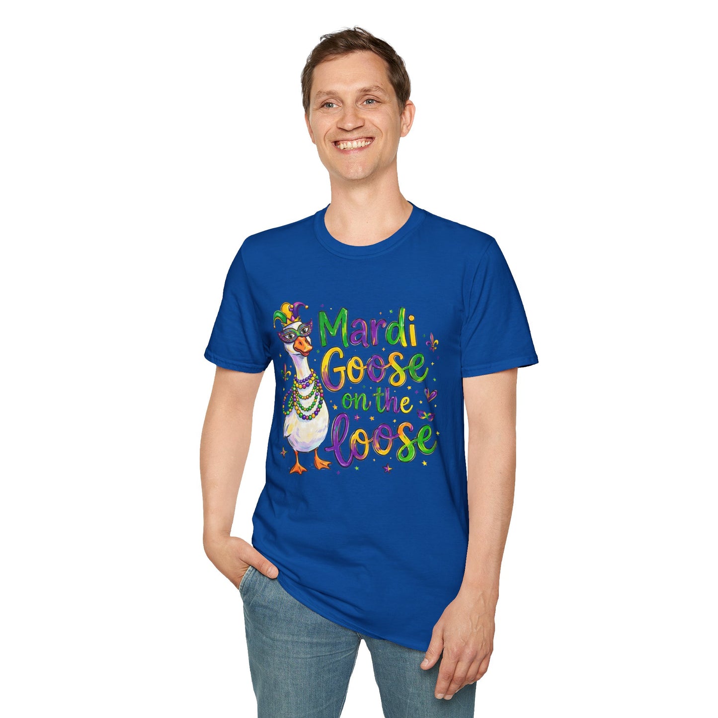 Mardi Goose on the Loose Shirt – Funny Mardi Gras Goose T-Shirt, Polyamory ENM Non-Monogamy Carnival Tee, Unisex Gildan 64000