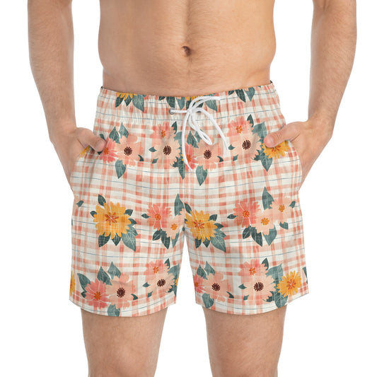 Men’s Floral & Citrus Swim Trunks – Vintage Gingham Orange Blossom Swim Shorts, Retro Summer Beach Board Shorts, Fast-Dry