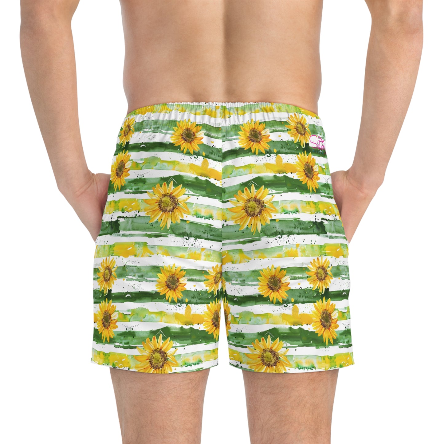 Men’s Sunflower & Daisy Swim Trunks – Bright Floral Summer Swim Shorts, ENM Polyamory Friendly Beach Board Shorts, Fast-Dry