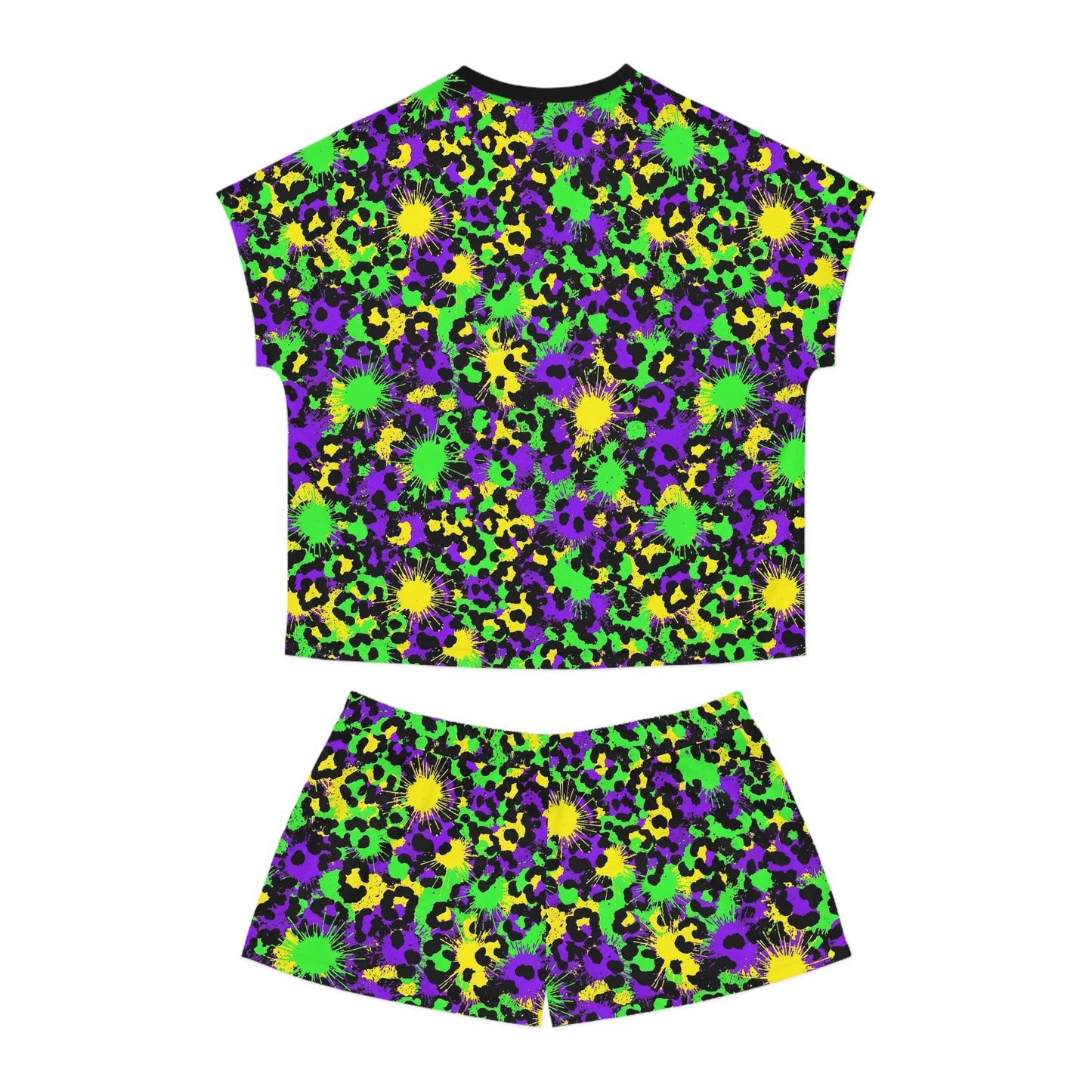 Mardi Gras Leopard Print Pajama Set – Animal Print Short Sleeve Sleepwear, Polyamory Friendly ENM Lounge Set, Bold Festival Pajamas