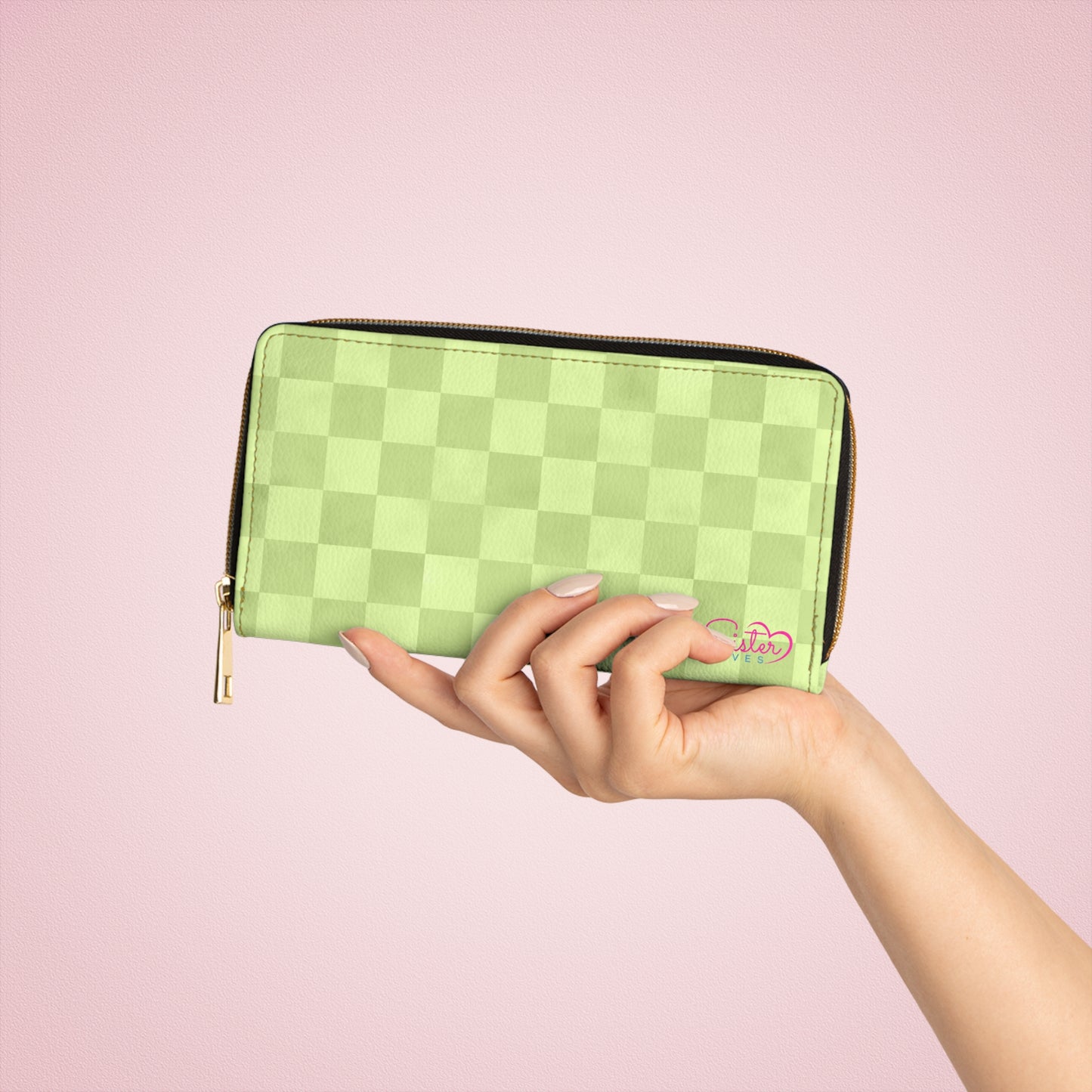 Checkered Green Zipper Wallet | Polyamory Friendly Accessory | ENM Lifestyle Wallet | Inclusive Chosen Family Gift | Colorful Retro Checker Wallet
