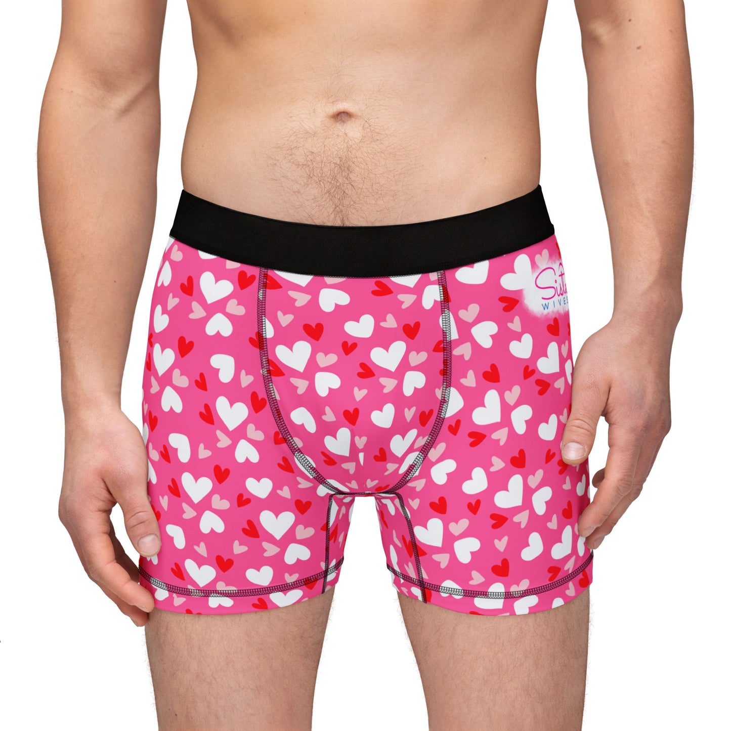 Pink Men’s Heart Print Boxer Briefs – Polyamory & Swinger Friendly Underwear, ENM Pride Boxers, Matching Couples & Pairs Available