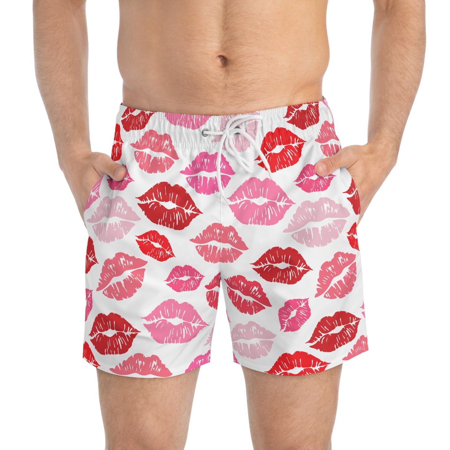 Men’s Valentine’s Kiss Swim Trunks – Lip Print Board Shorts, Polyamory & ENM Friendly Swimwear, Fast-Dry Summer Shorts