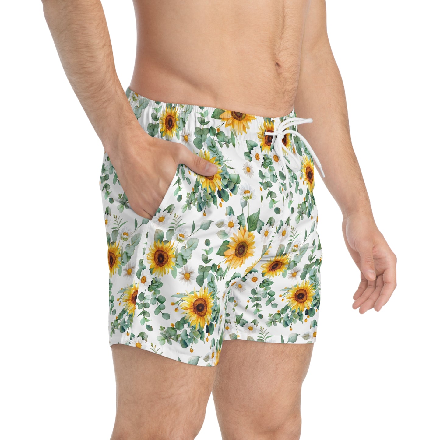 Men’s Sunflower & Daisy Swim Trunks – Bright Floral Summer Swim Shorts, ENM Polyamory Friendly Beach Board Shorts, Fast-Dry