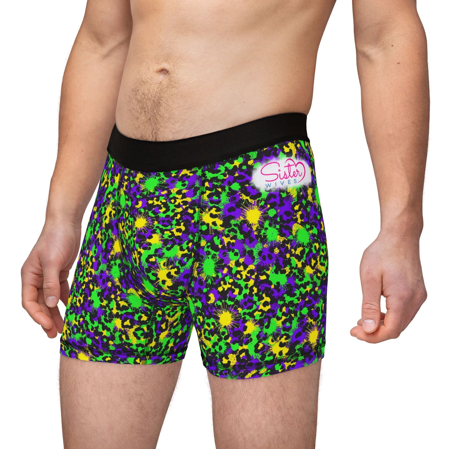 Mardi Gras Cheetah Print Men’s Boxer Briefs | Polyamory ENM Pride Underwear, Matching Couples Underwear