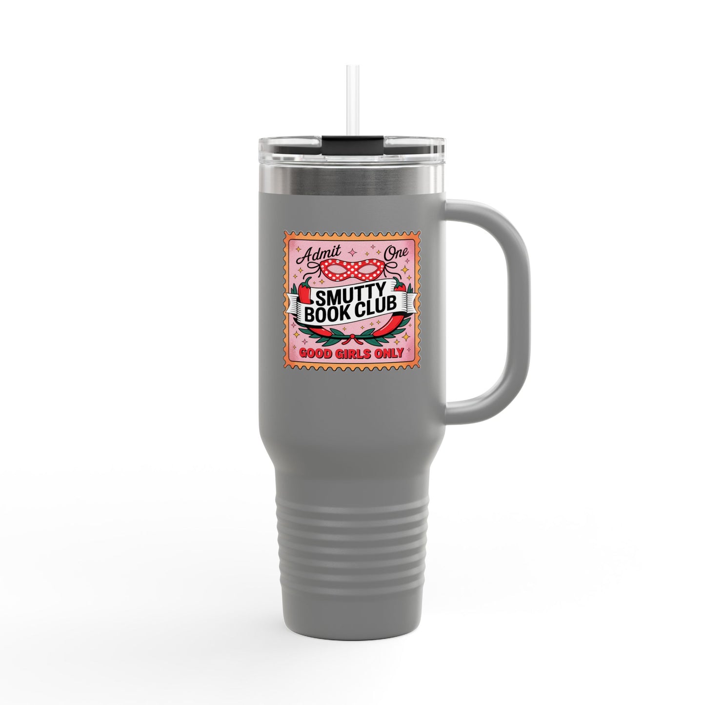Smutty Book Club 40oz Insulated Travel Mug – Admit One Romance Reader Tumbler with Straw | Funny Spicy Booktok Cup