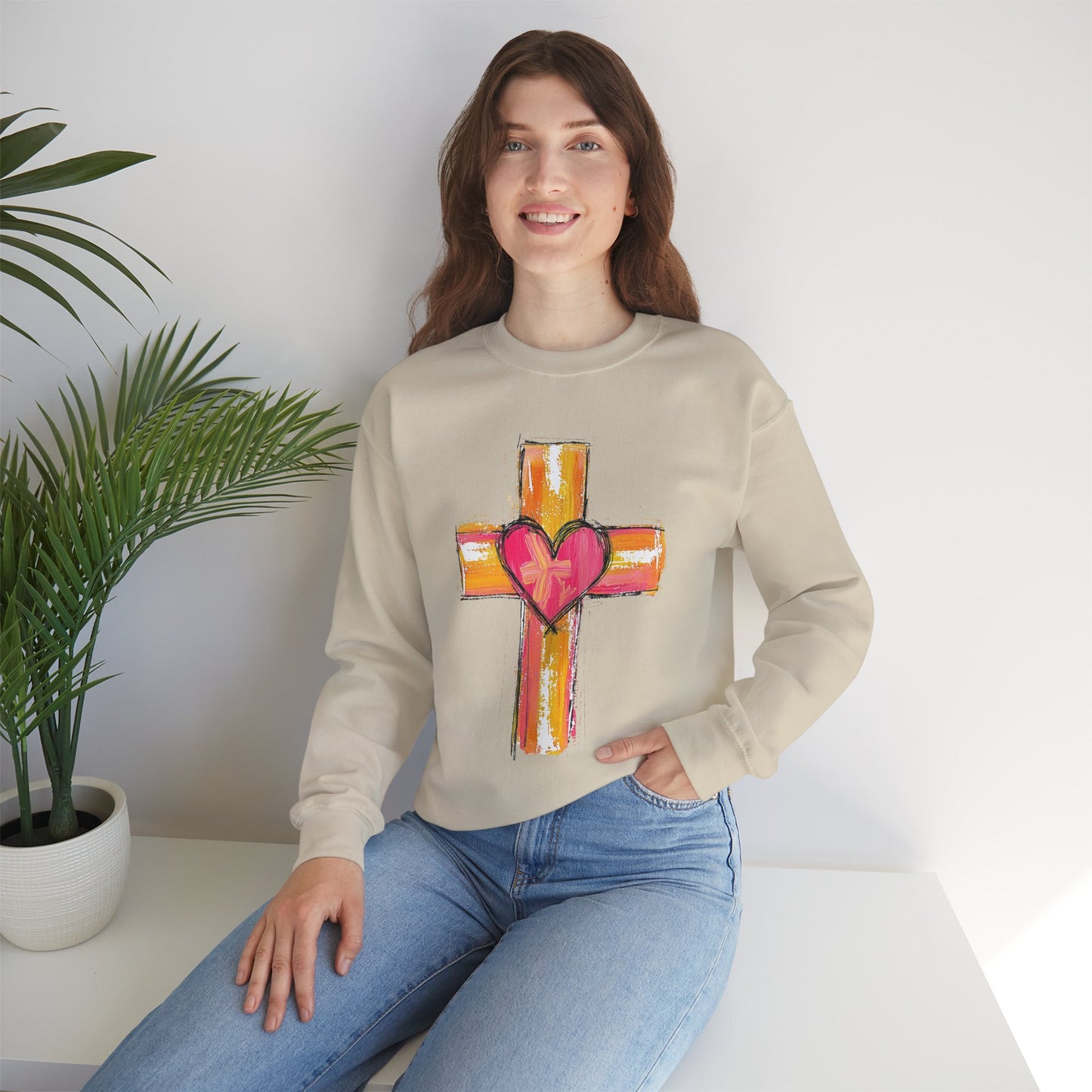 Cross with Heart Crewneck Sweatshirt | Love-Centered Faith Pullover | Inclusive Christian Apparel | Cozy Spiritual Sweatshirt