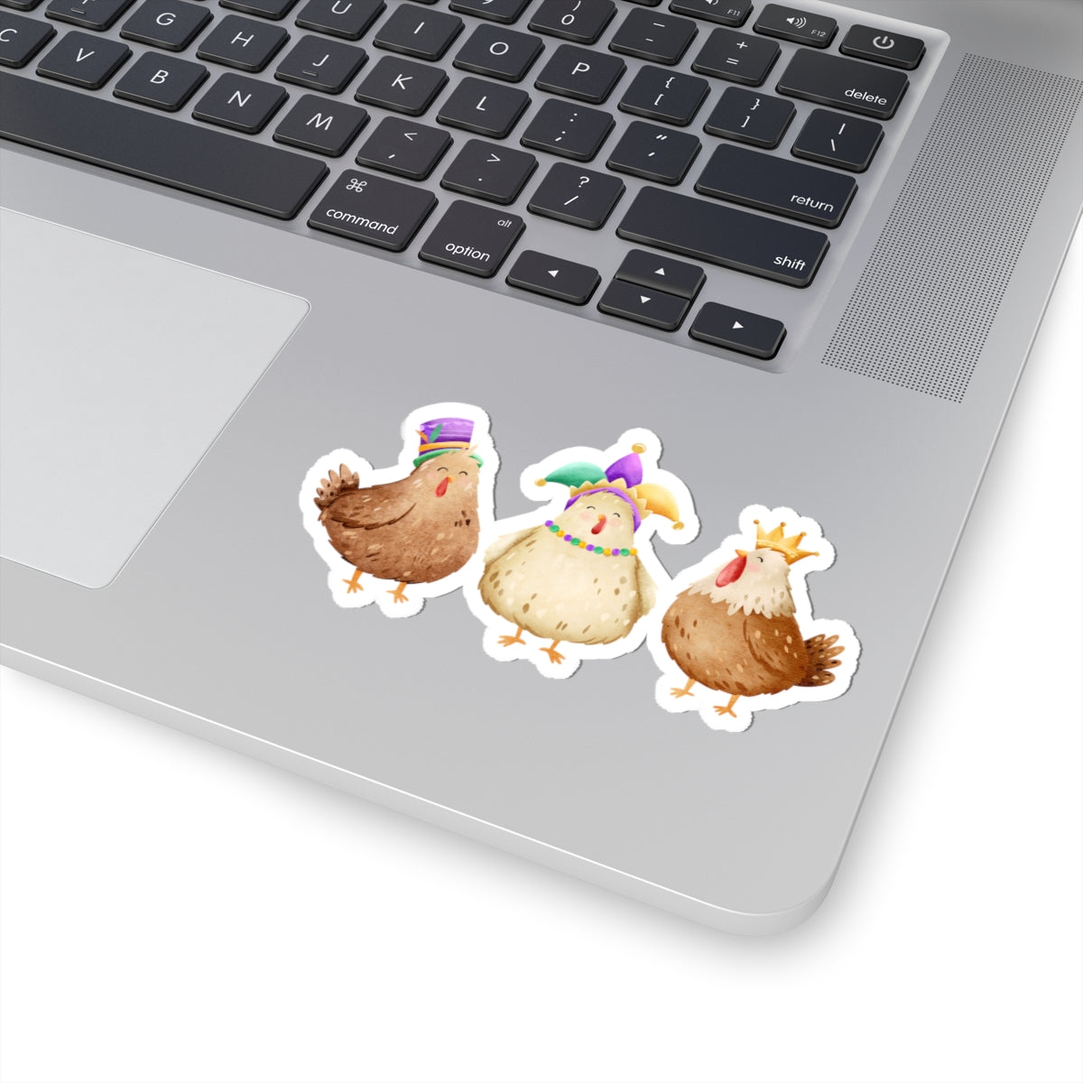 Throuple Mardi Gras Chickens Kiss‑Cut Sticker | Polyamory ENM Pride Decal | Chosen Family Laptop Sticker