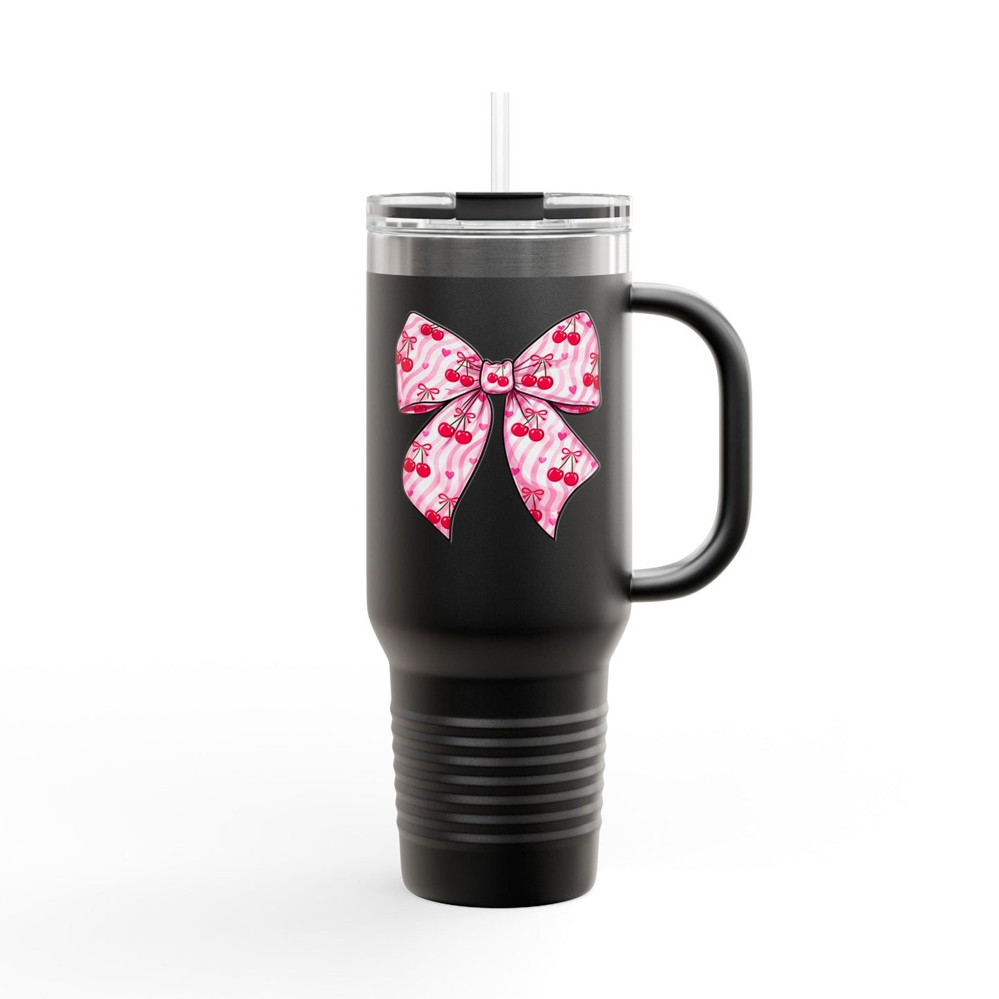 Pink Bow 40oz Insulated Travel Mug – Coquette Aesthetic Stainless Steel Tumbler with Straw | Cute Feminine BPA-Free Cup