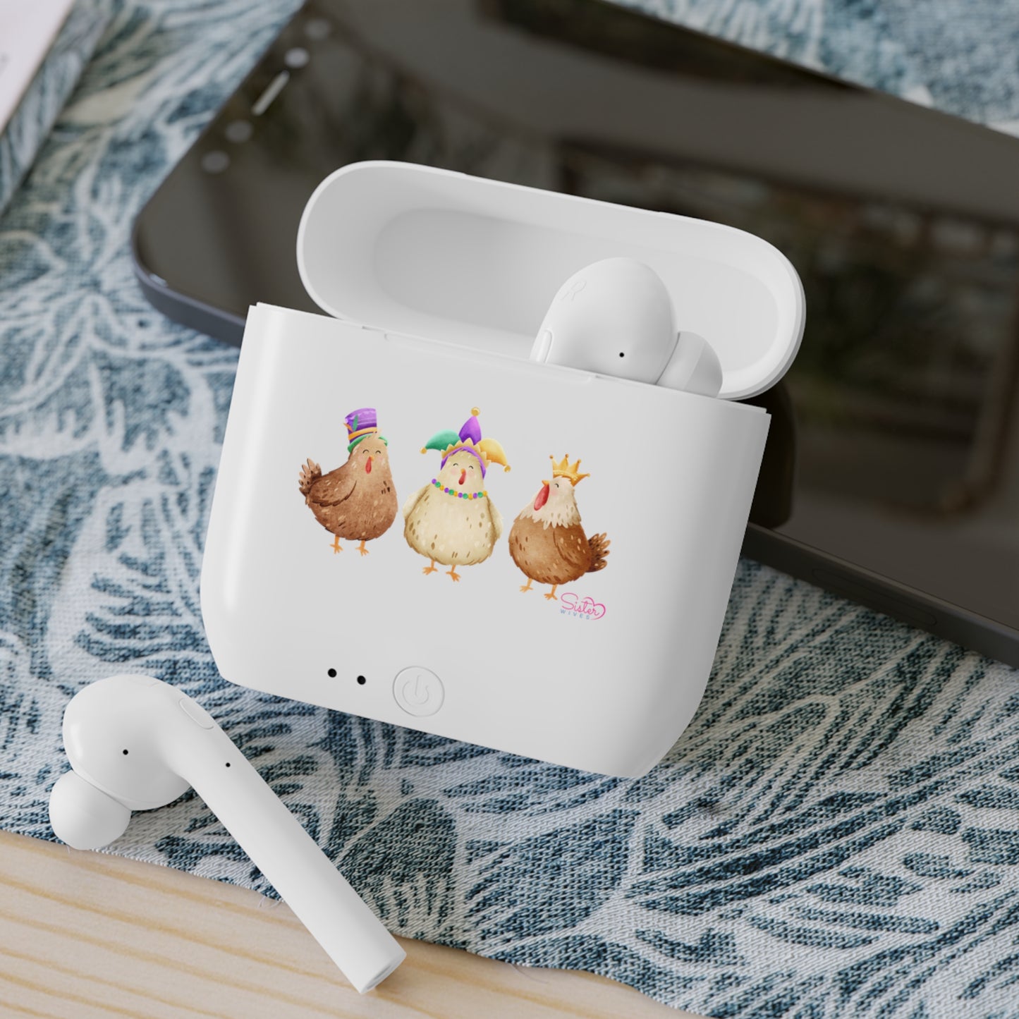 Throuple Mardi Gras Chicken Wireless Earbuds – Polyamory ENM Pride | Sisterwives Farm Humor Earbuds