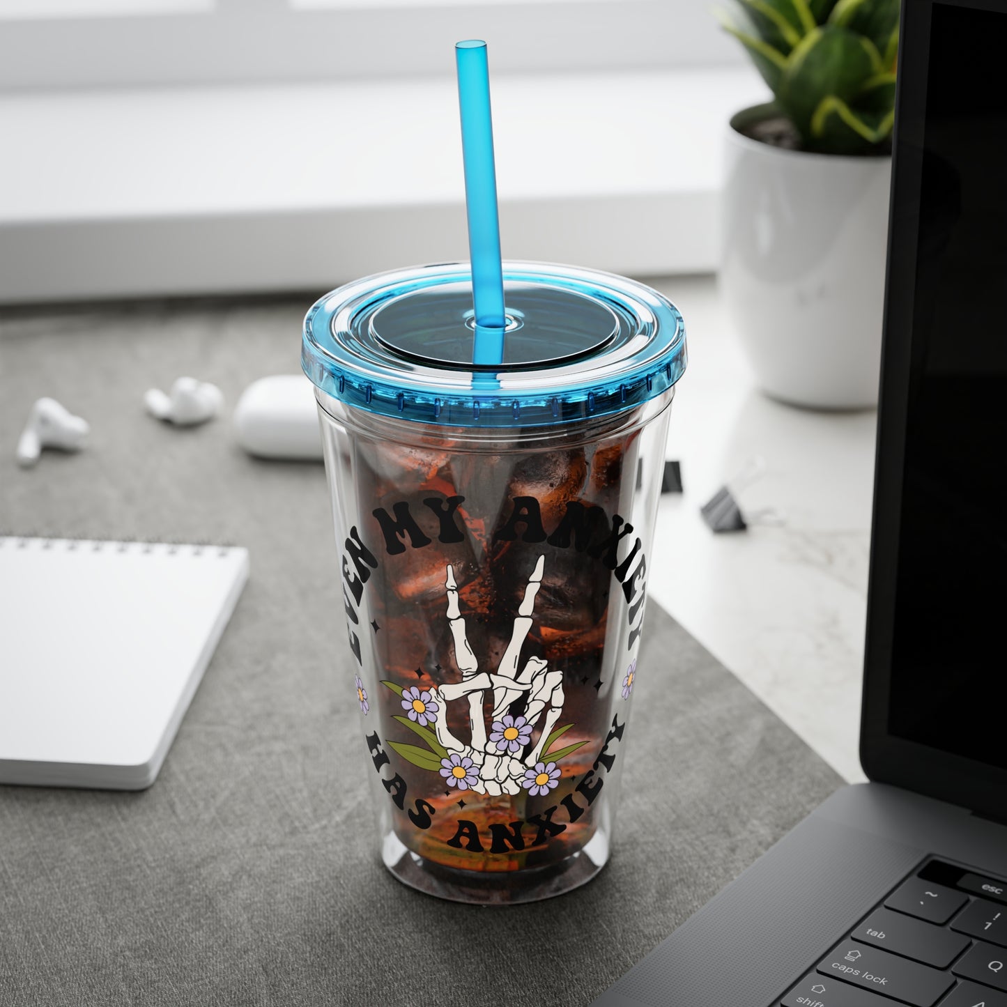 Even My Anxiety Has Anxiety” Skeleton Peace Sign 16oz Sunsplash Tumbler | Dark Humor Mental Health Cup | Goth Aesthetic Drinkware | Spooky Skeleton Cup | Anxiety Humor Gift
