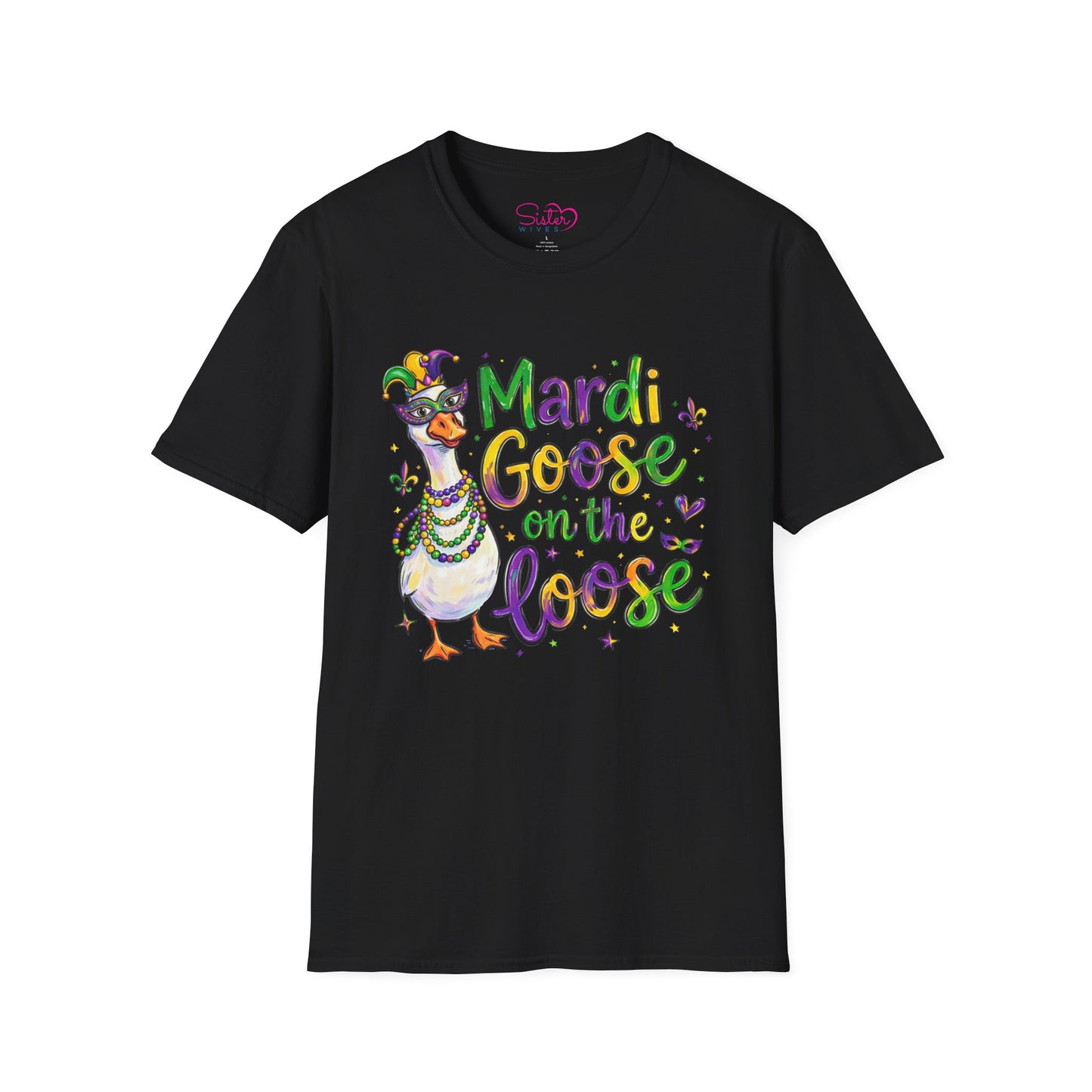 Mardi Goose on the Loose Shirt – Funny Mardi Gras Goose T-Shirt, Polyamory ENM Non-Monogamy Carnival Tee, Unisex Gildan 64000