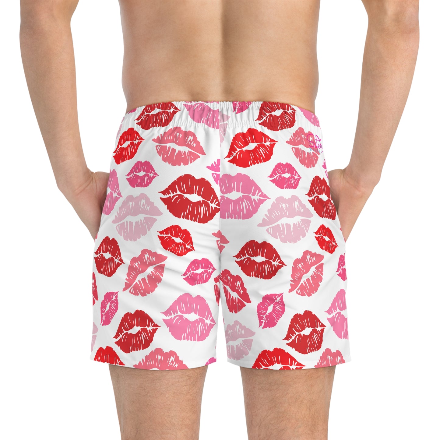 Men’s Valentine’s Kiss Swim Trunks – Lip Print Board Shorts, Polyamory & ENM Friendly Swimwear, Fast-Dry Summer Shorts