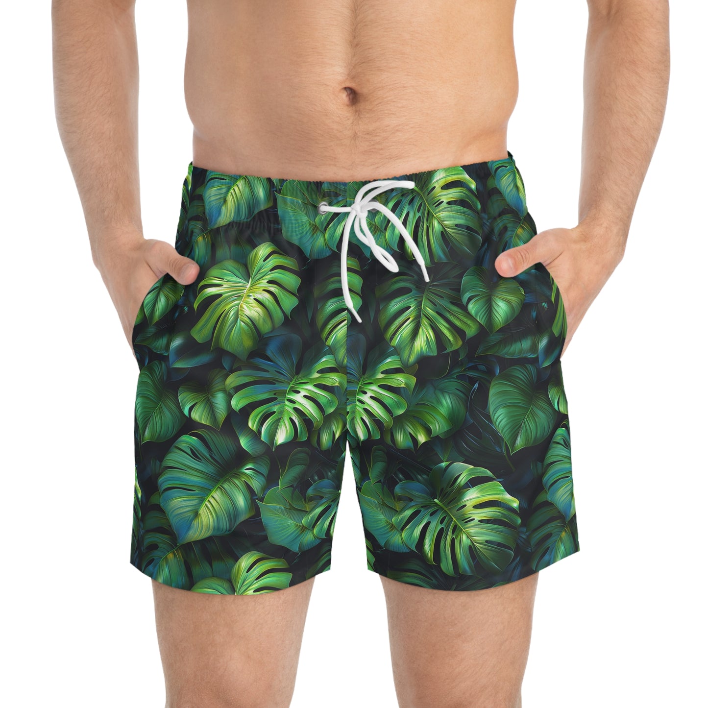 Green Tropical Leaf Swim Trunks for Men – Jungle Fast-Dry Board Shorts with Drawstring | XS–3XL Summer Swimwear