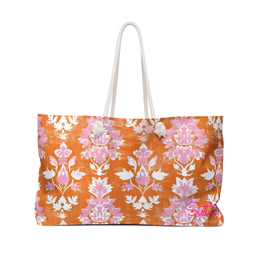 Orange Floral Weekender Bag – Cottagecore Travel Tote, Vintage Floral Overnight Bag, Soft Aesthetic Carryall for Weekend Getaways