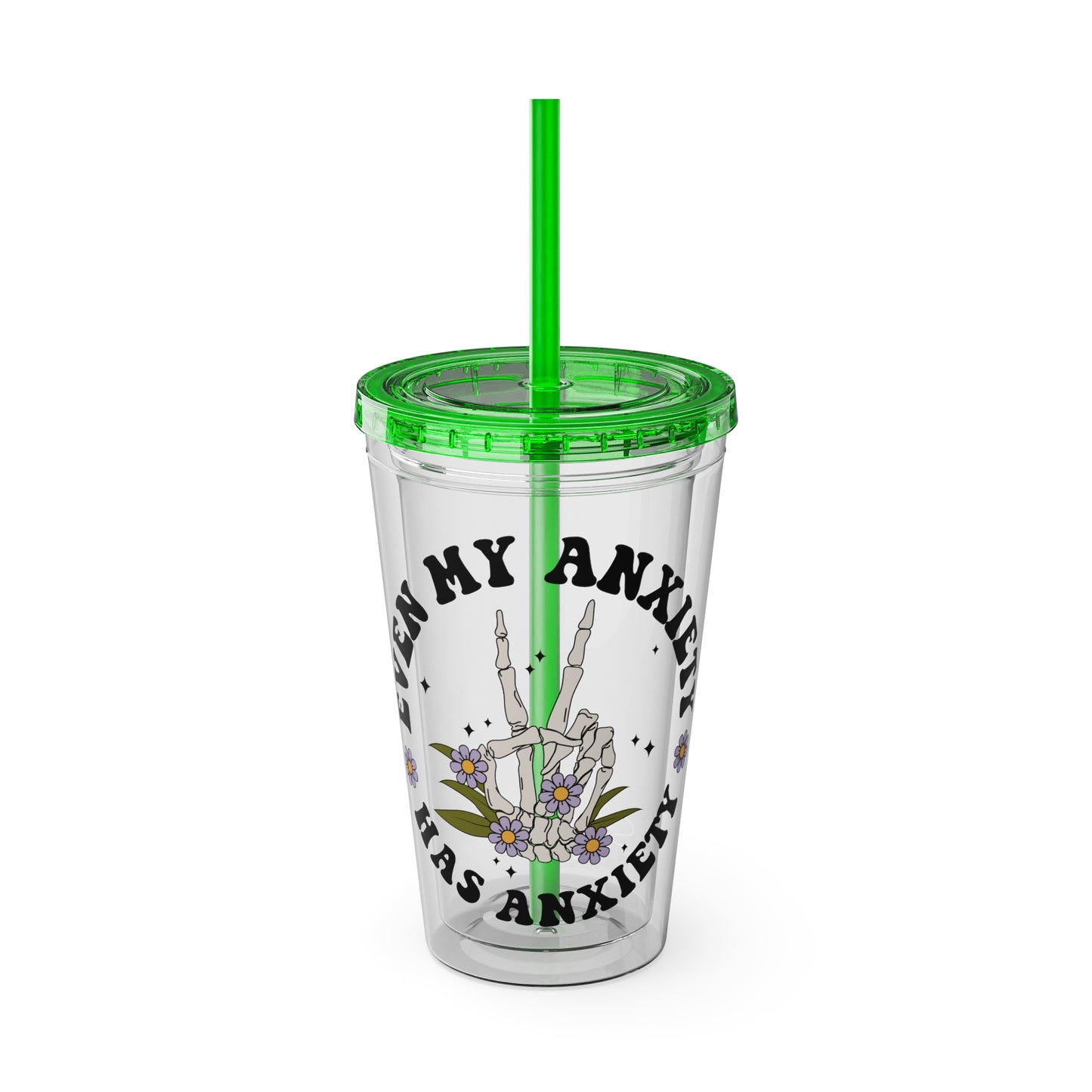 Even My Anxiety Has Anxiety” Skeleton Peace Sign 16oz Sunsplash Tumbler | Dark Humor Mental Health Cup | Goth Aesthetic Drinkware | Spooky Skeleton Cup | Anxiety Humor Gift