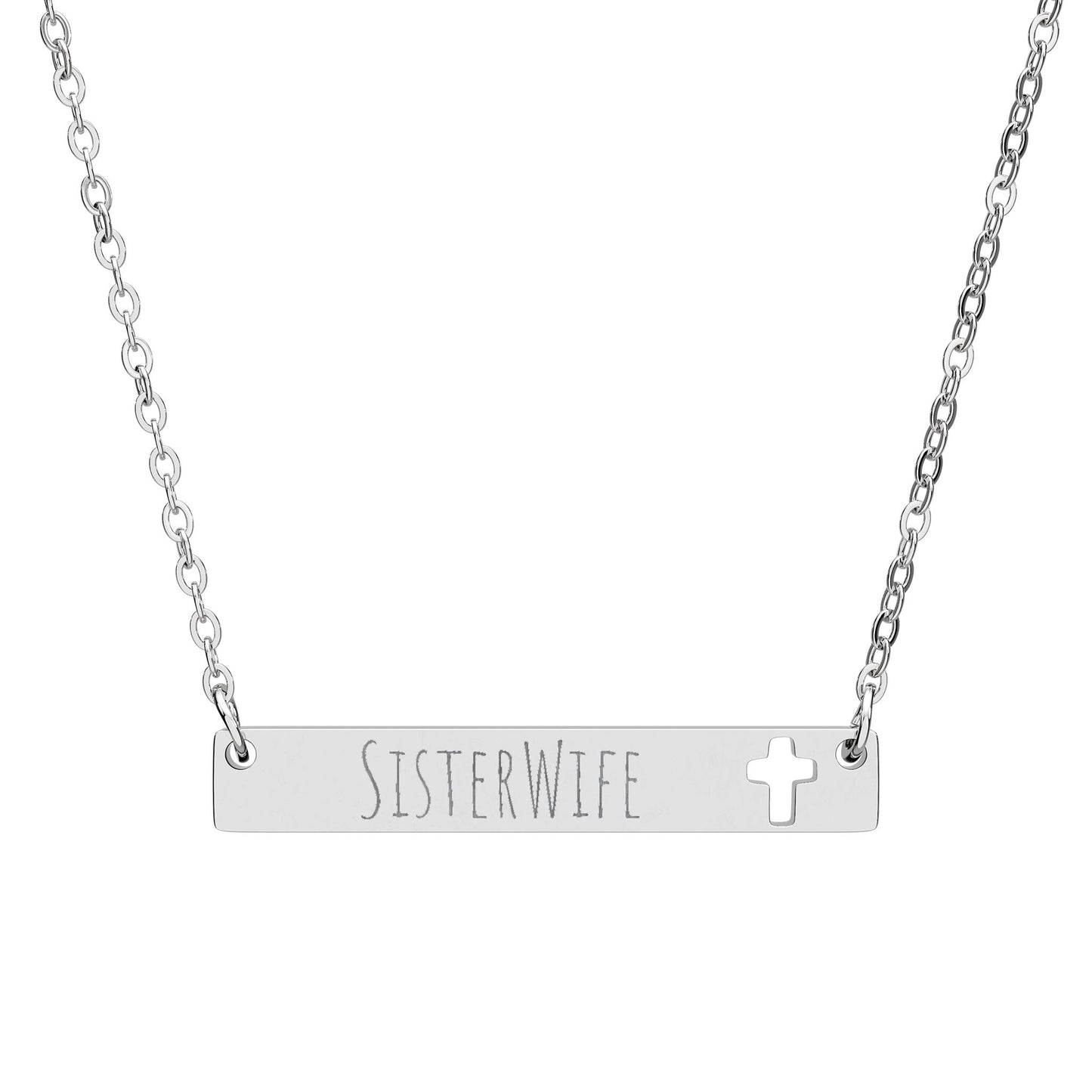 Cutout Cross Bar Necklace | Engraved Sister Wife Nameplate | Faith-Inspired Stainless Steel Bar Necklace | Minimal Jewelry Gift