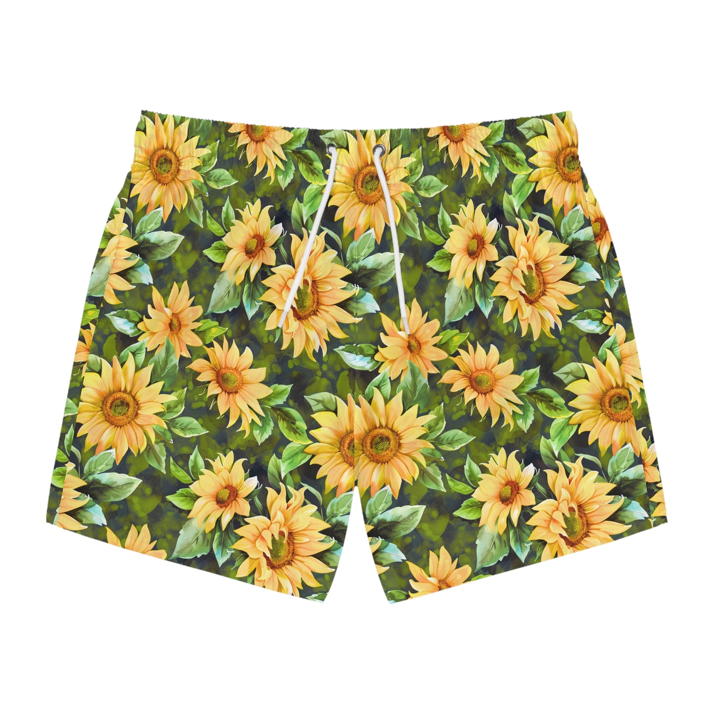 Men’s Sunflower & Daisy Swim Trunks – Bright Floral Summer Swim Shorts, ENM Polyamory Friendly Beach Board Shorts, Fast-Dry