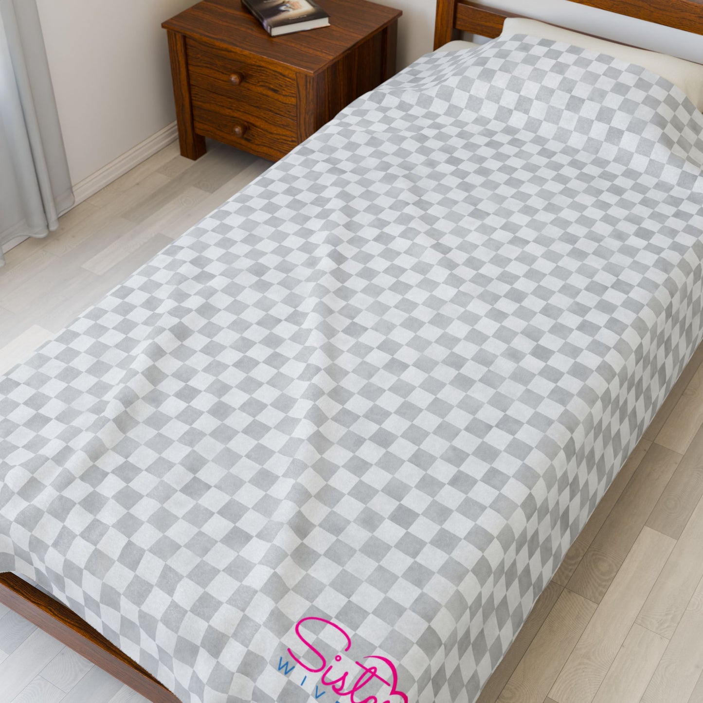 Gray Checker Plush Blanket | Cozy Velveteen Throw | ENM & Polyamory Friendly Home Decor | Chosen Family Minimal Aesthetic Blanket