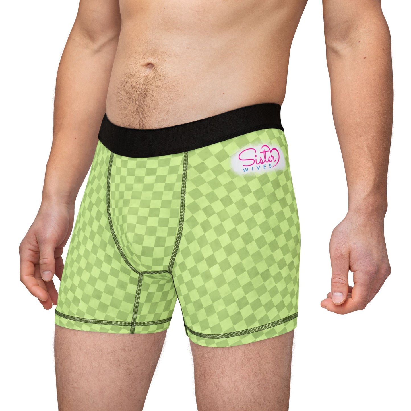 Green Checker Men’s Boxer Briefs | Aesthetic Stretch Underwear | ENM & Polyamory Friendly Men’s Boxers | Soft Statement Loungewear