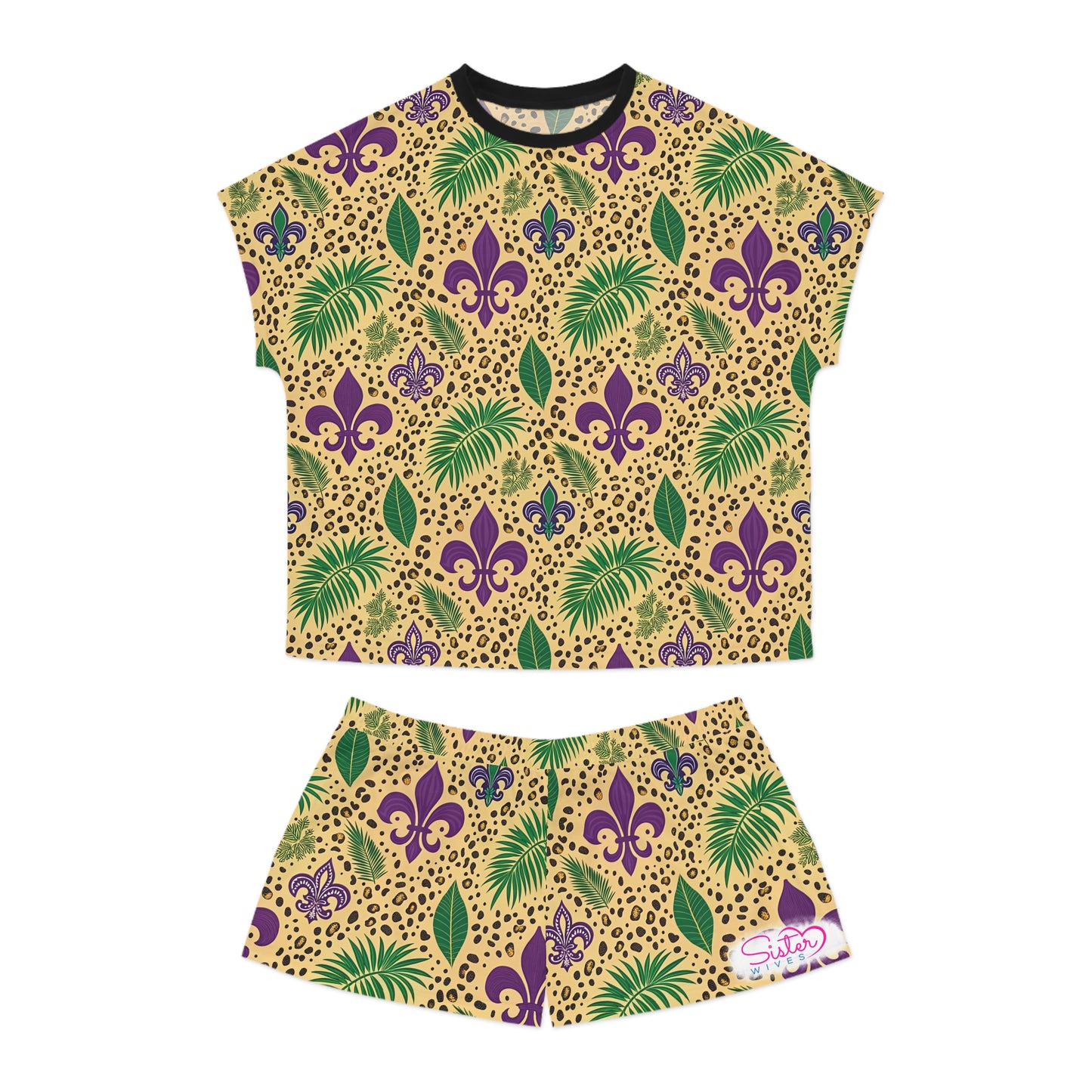 Mardi Gras Leopard Print Pajama Set – Animal Print Short Sleeve Sleepwear, Polyamory Friendly ENM Lounge Set, Bold Festival Pajamas