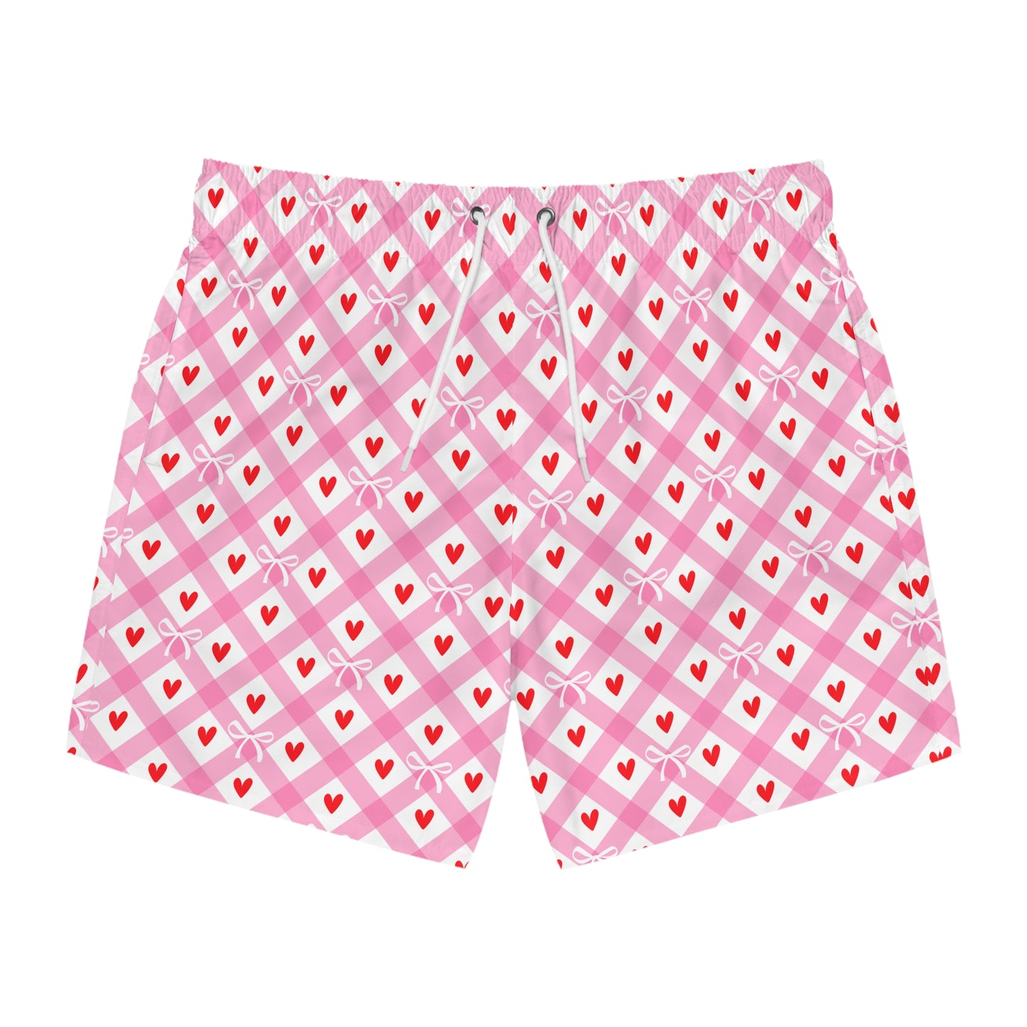 Men’s Valentine’s Geometric Heart Swim Trunks – Pink Heart Pattern Board Shorts, Polyamory & ENM Friendly Swimwear, Fast-Dry Summer Shorts