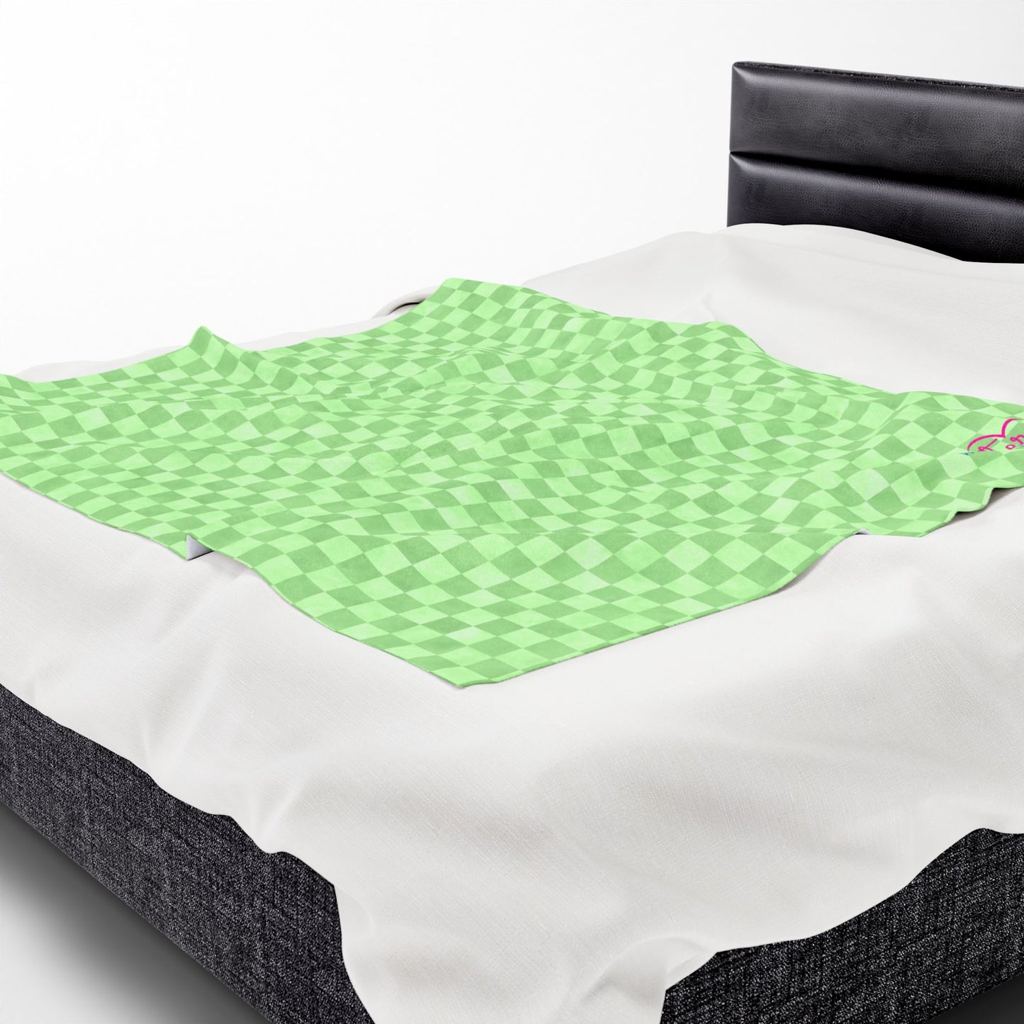 Green Checker Plush Blanket | Cozy Velveteen Throw | Polyamory & ENM Friendly Home Decor | Chosen Family Aesthetic Blanket